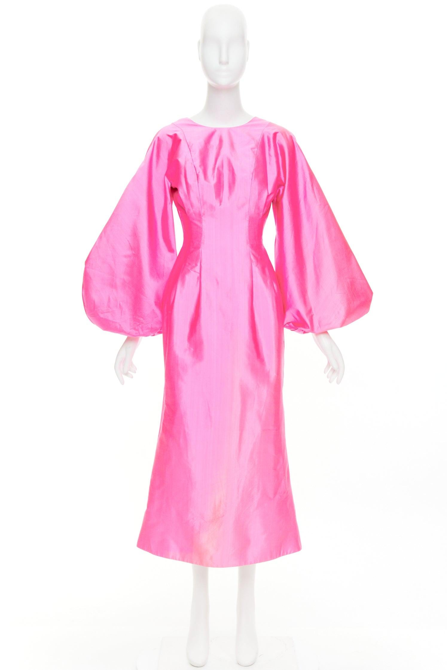 ROSARIO rosa picante 100% seda brillante mangas abullonadas cintura ceñida vestido midi FR36 S en venta 4