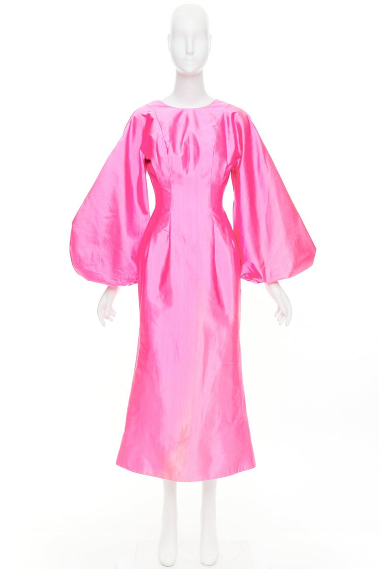 Rosario Hot Pink 100% Silk Shiny Puff Sleeves Cinched Waist Midi Dress Fr36 S
