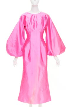 ROSARIO rosa picante 100% seda brillante mangas abullonadas cintura ceñida vestido midi FR36 S