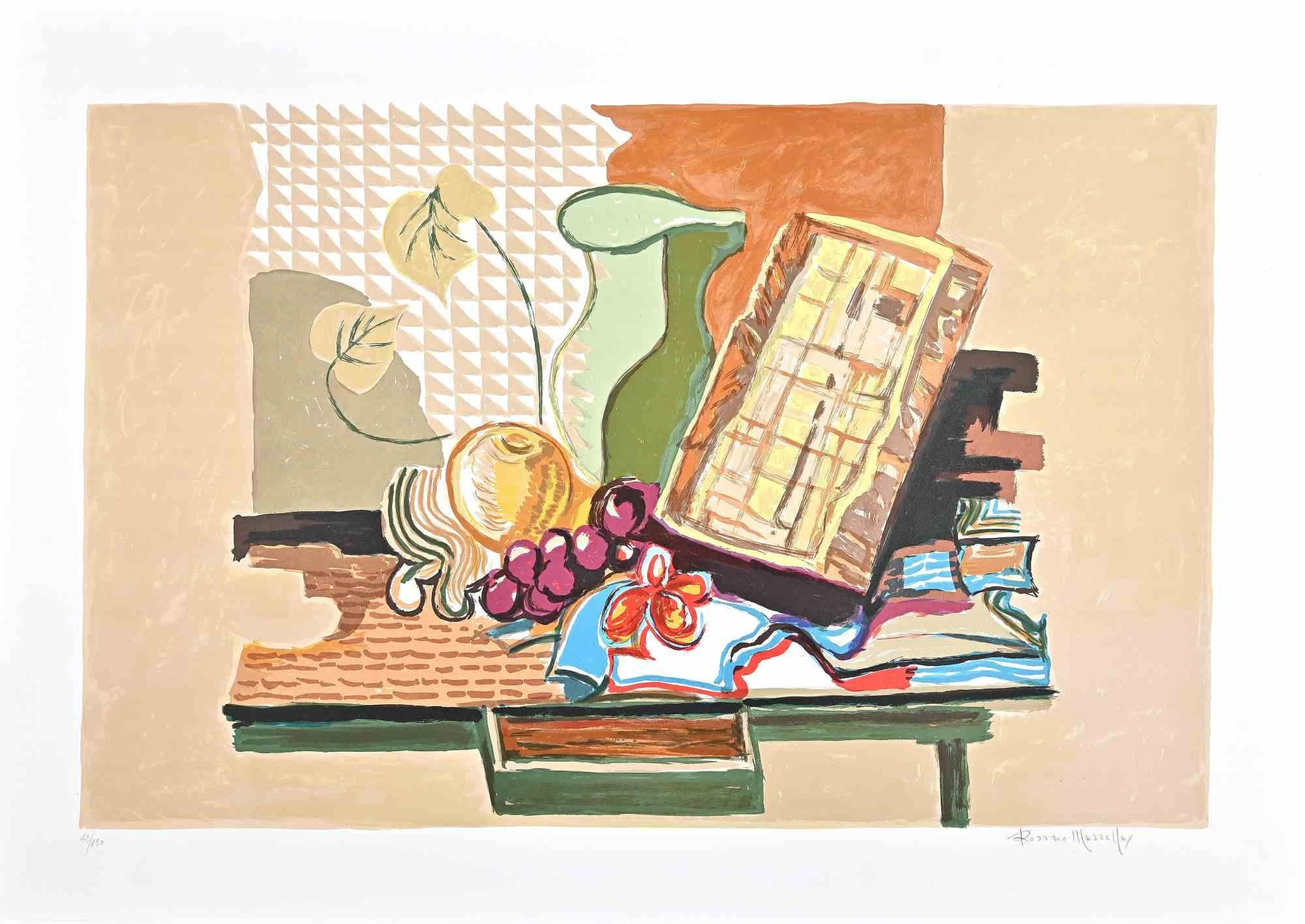 Still Life est une lithographie originale en couleur sur papier filigrané Fabriano réalisée par l'artiste italien Rosario Mazzella.

Représentant une nature morte automnale colorée, ce tirage original est signé à la main au crayon par l'artiste dans