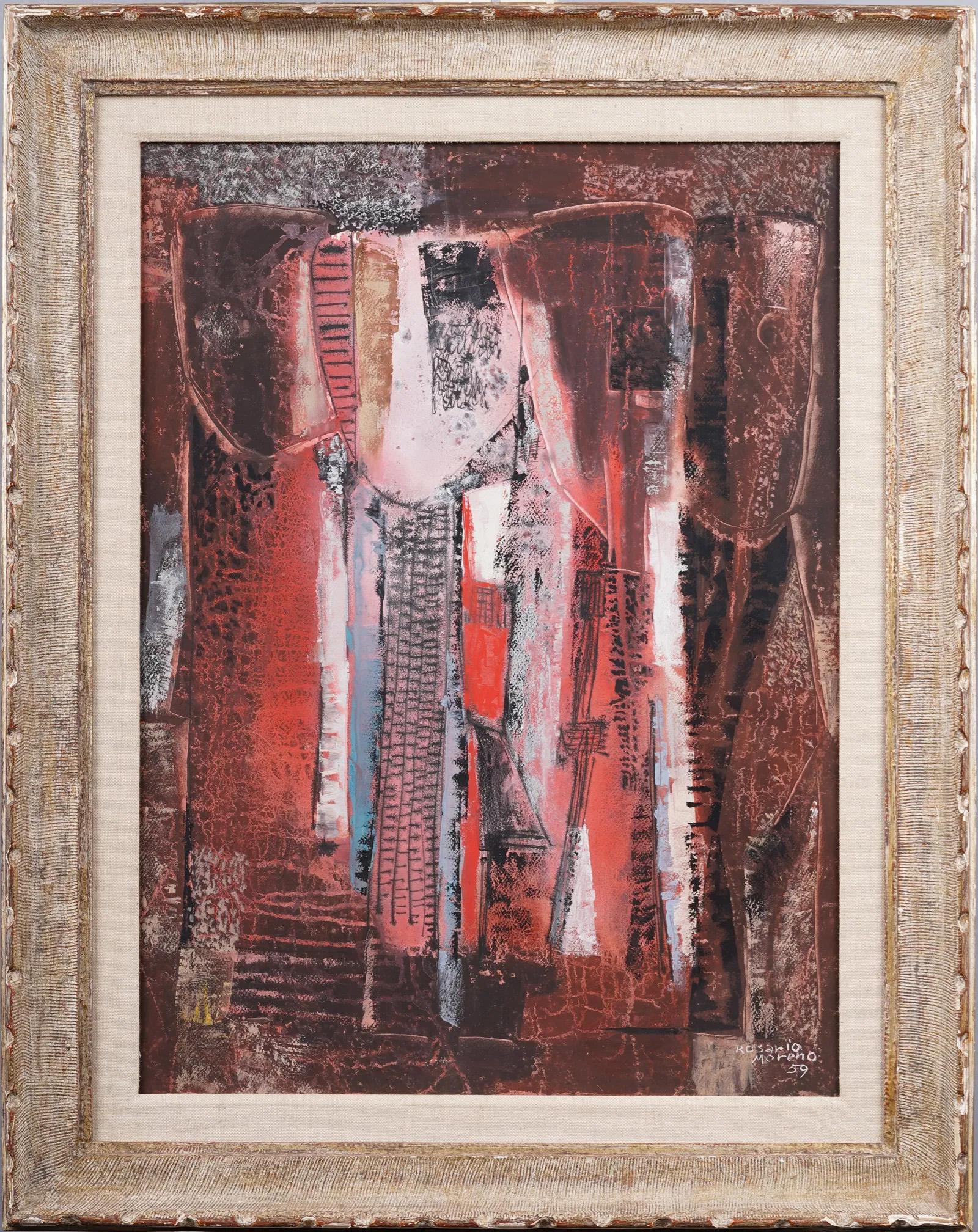 Pittura astratta espressionista d'epoca del 1959 finemente incorniciata - Painting di Rosario Moreno 