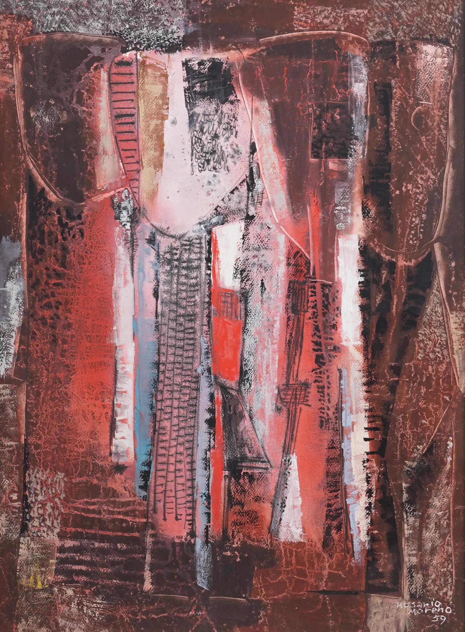 Pittura astratta espressionista d'epoca del 1959 finemente incorniciata - Painting Astratto di Rosario Moreno 
