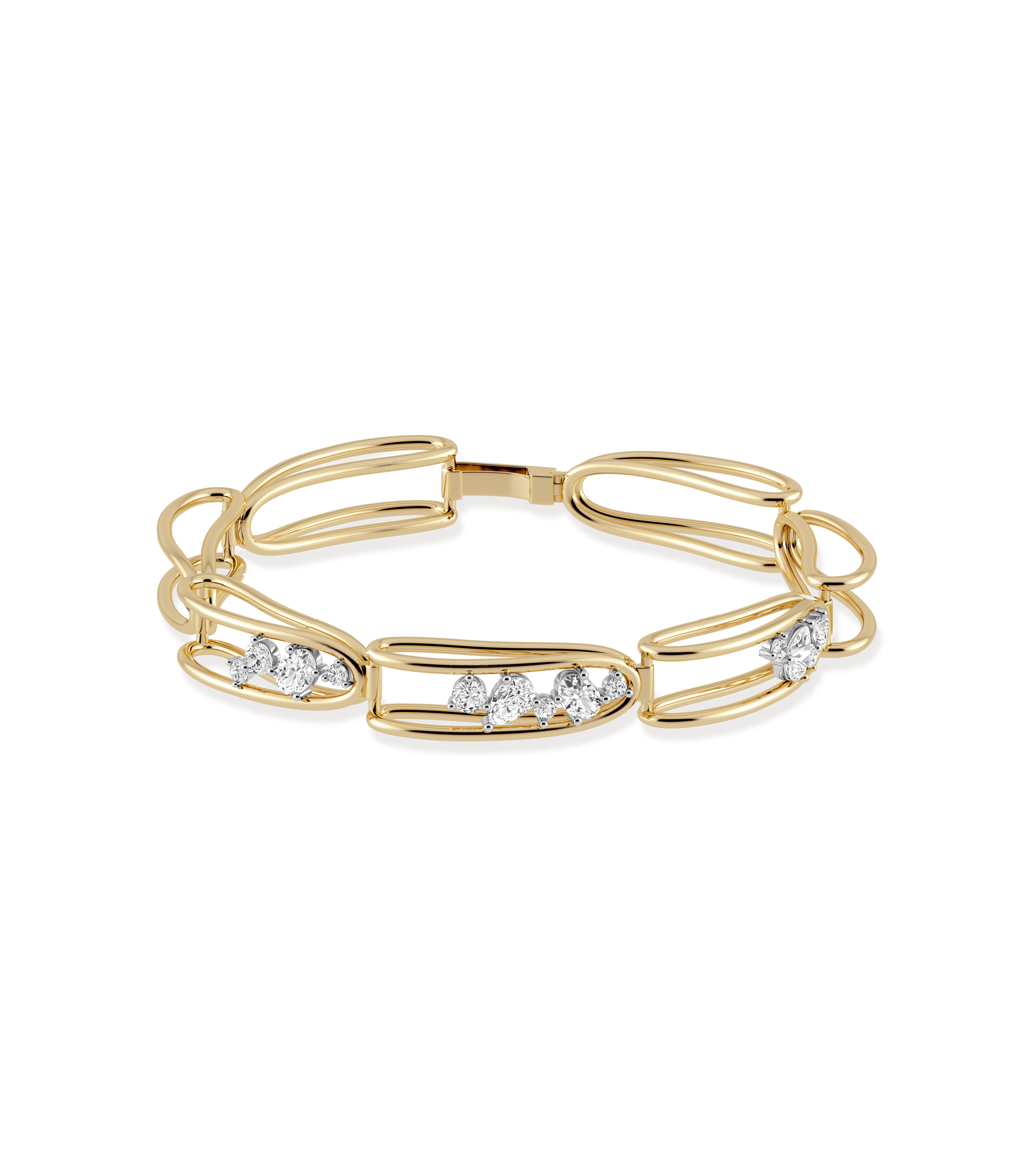 Our Mara Folded Links Bracelet is made in 18K gold with varying sized round, pear and oval shaped natural diamonds set in platinum. Featuring three asymmetrical diamond filled links.

The Mara Collection was built around the beauty of negative space
