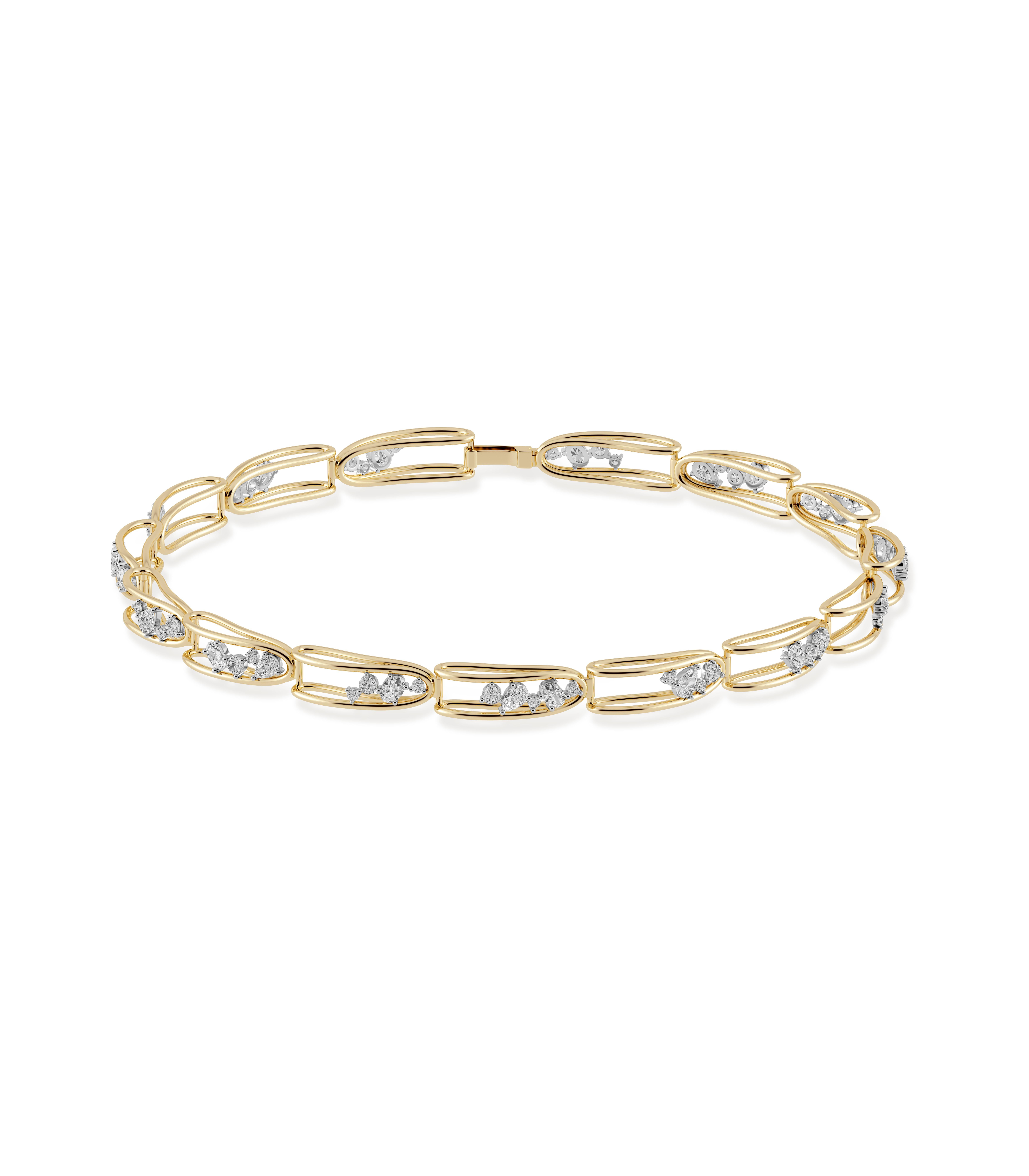 Our Mara Folded Links Choker is made in 18K gold with varying sized round, pear and oval shaped natural diamonds set in platinum. Featuring asymmetrical diamond filled links. 

The Mara Collection was built around the beauty of negative space and