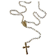 Pearl Rosario Necklace Gold Virgin Mary Cross