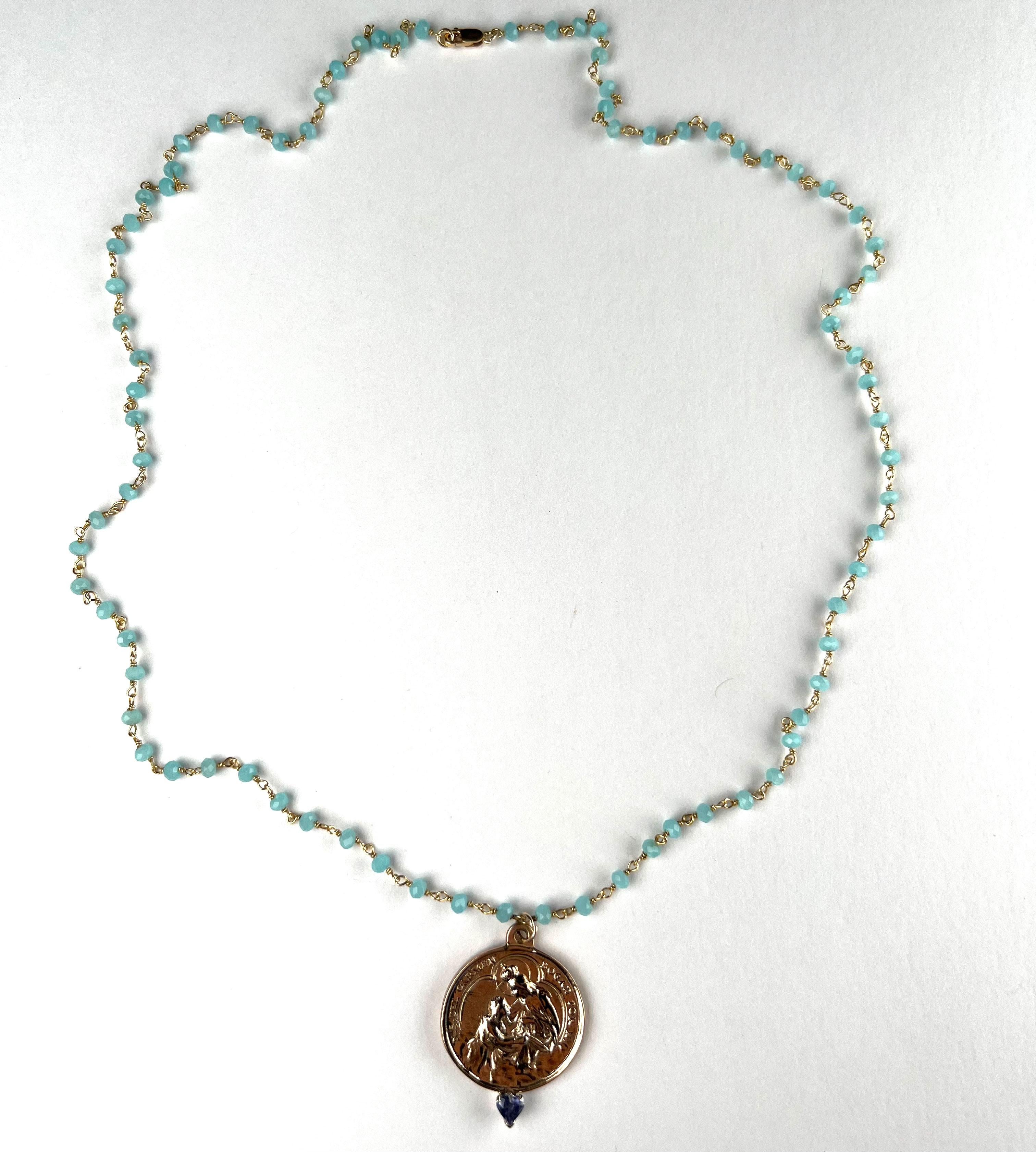 Tanzanite Heart Set in Prong on Virgin Medal on Rosario Chain Blue stones Length 28
