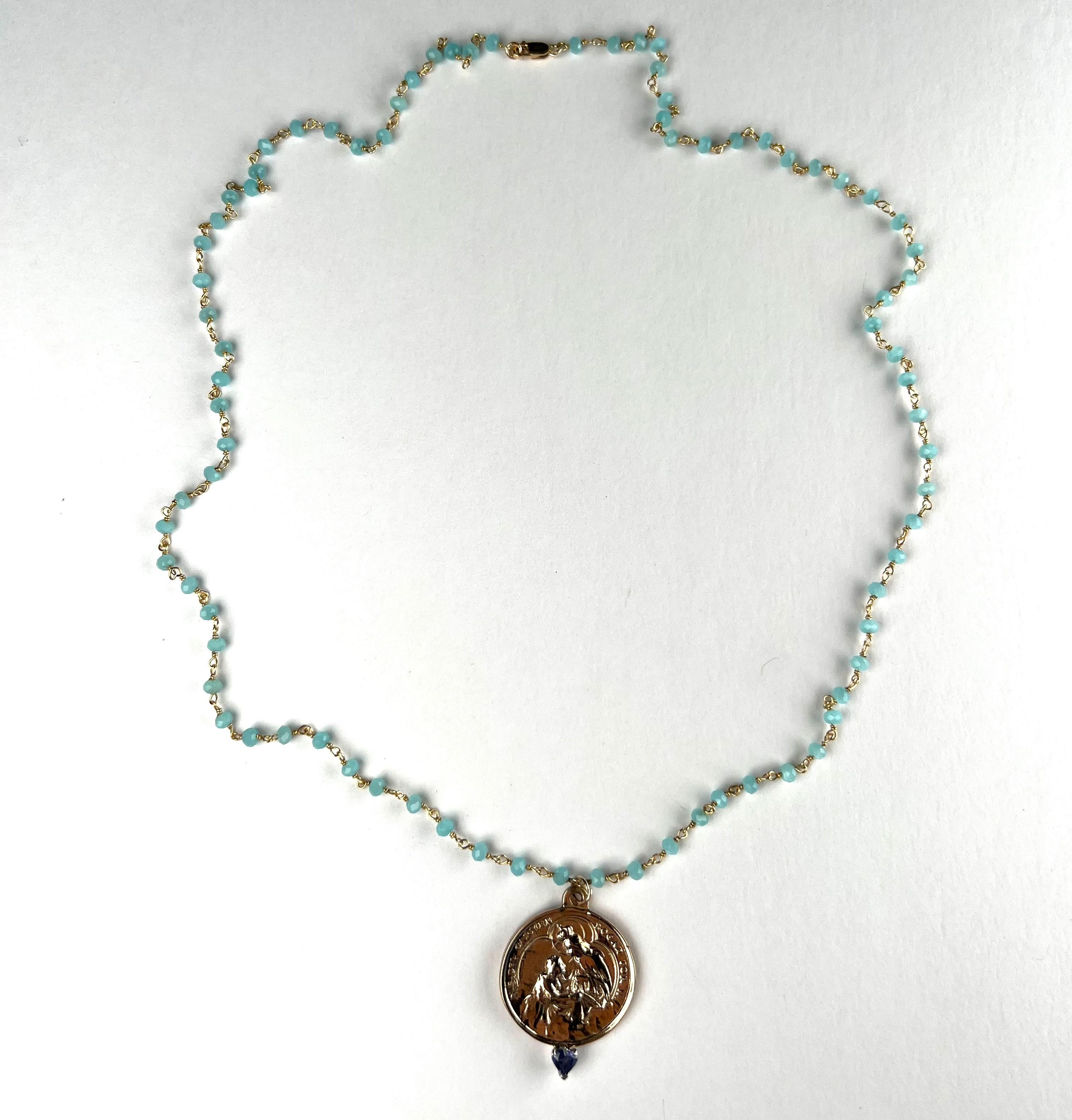 Rosario Spanish Medal Necklace Tanzanite Heart Virgin Mary J Dauphin In New Condition For Sale In Los Angeles, CA