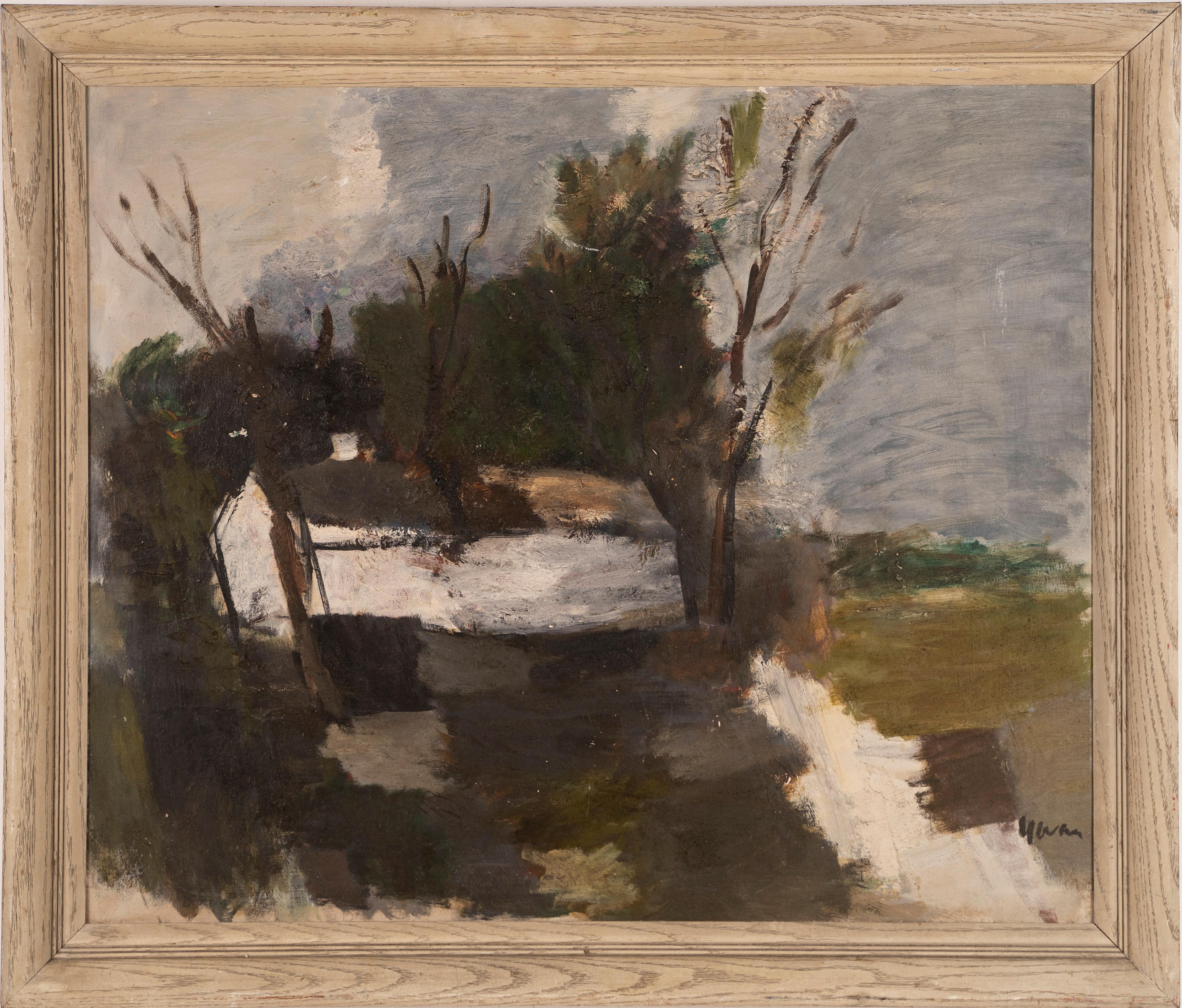 Ancienne peinture à l'huile d'un paysage d'hiver moderniste de l'école américaine, encadrée et signée - Painting de Rosario Urbino Gerbino