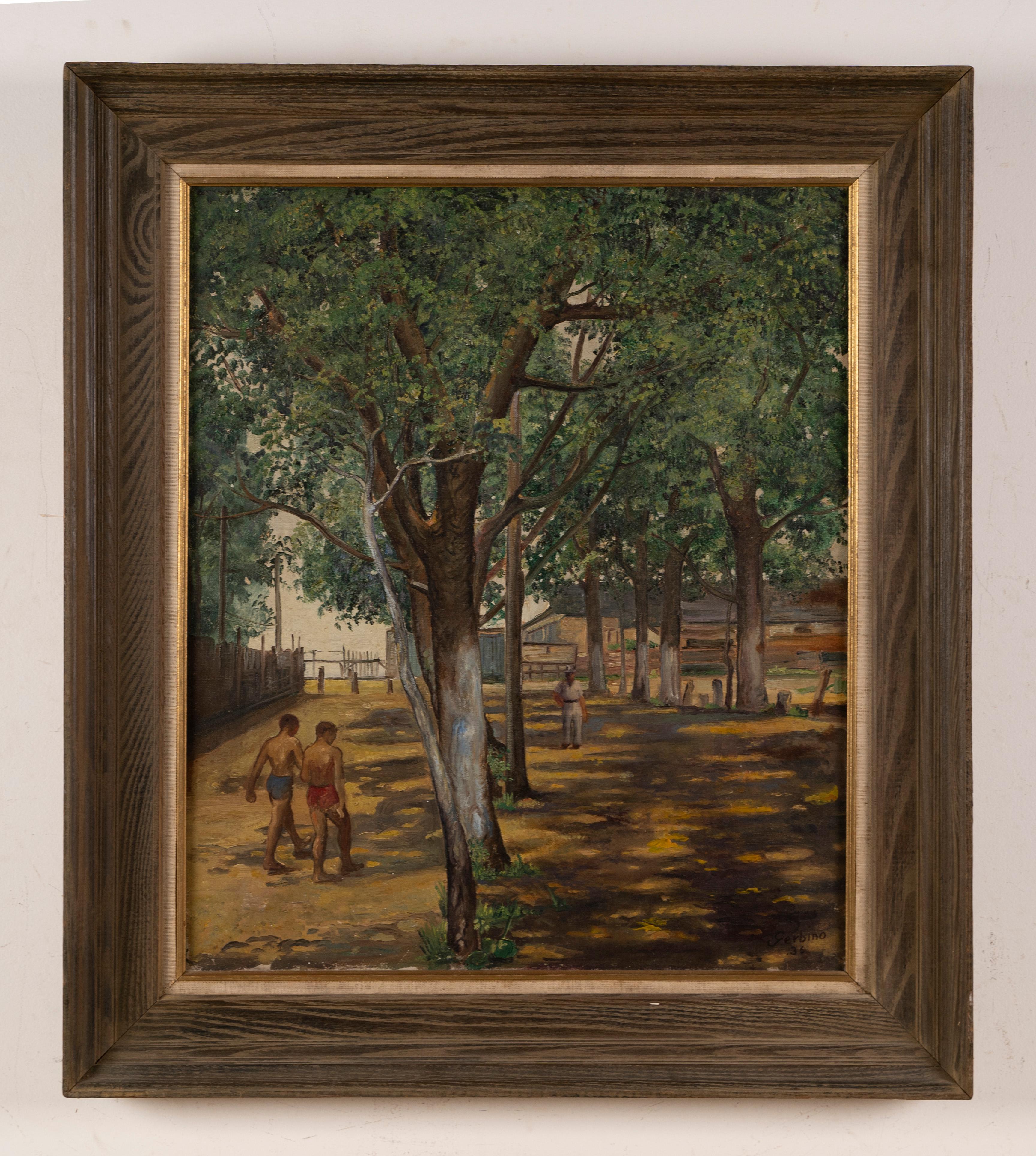 Desnudo masculino Paseo por la playa Paisaje modernista WPA NYC Firmado Pintura al óleo original - Painting de Rosario Urbino Gerbino