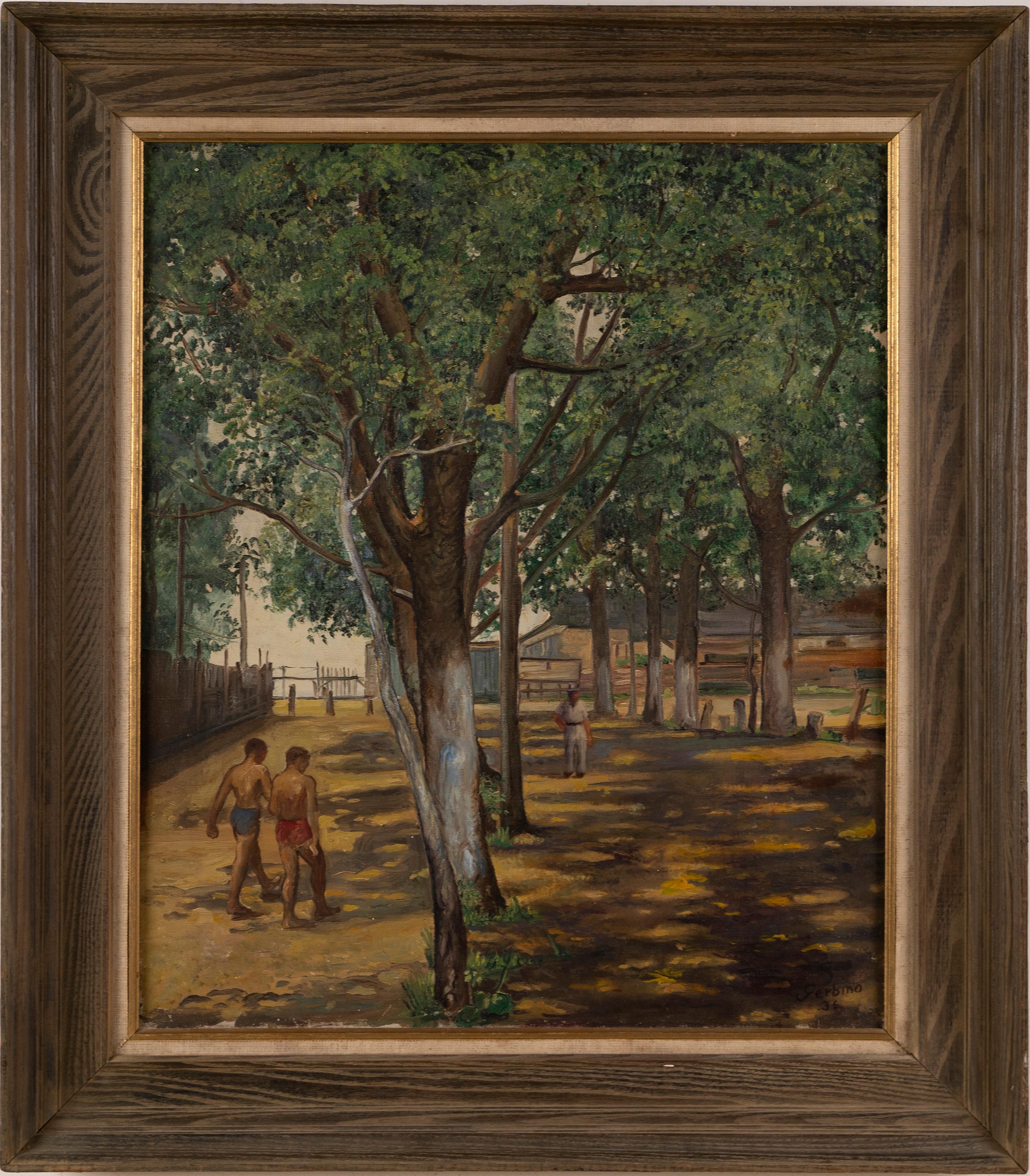 Desnudo masculino Paseo por la playa Paisaje modernista WPA NYC Firmado Pintura al óleo original - Painting Moderno de Rosario Urbino Gerbino