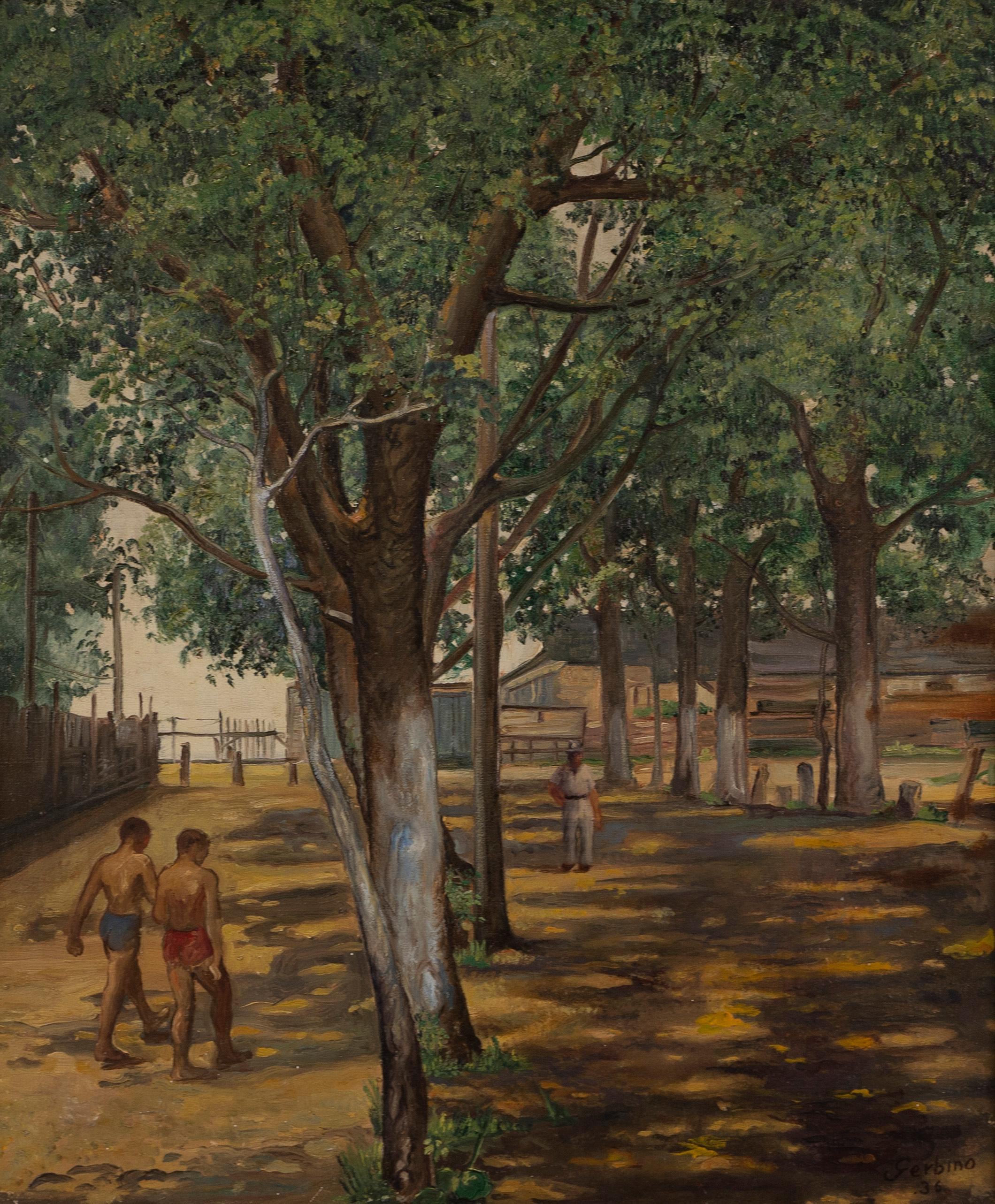 Desnudo masculino Paseo por la playa Paisaje modernista WPA NYC Firmado Pintura al óleo original - Landscape Painting Negro de Rosario Urbino Gerbino