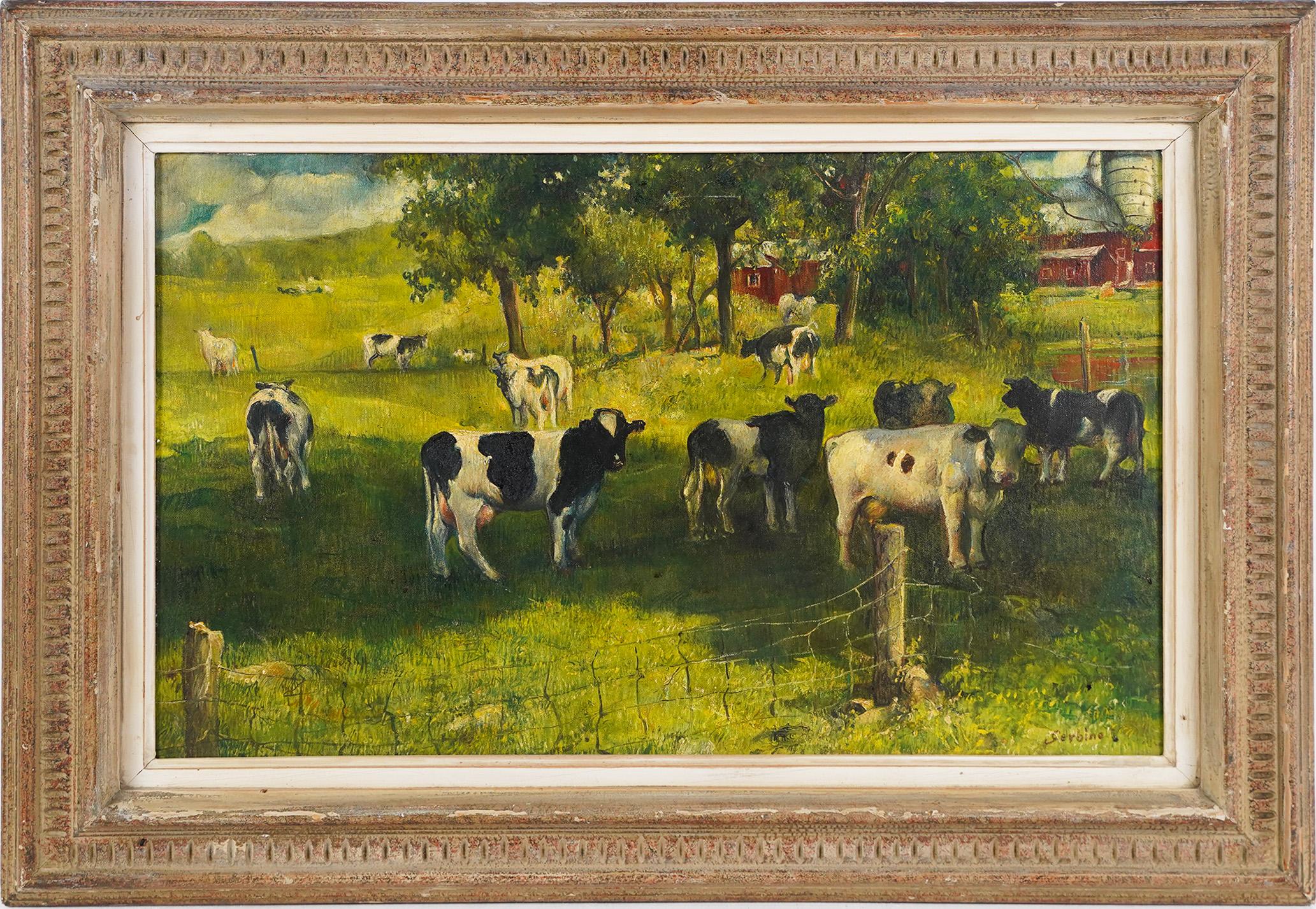 Rosario Gerbino Firmado American Cow Landscape Panoramic Summer Farm Pintura al óleo - Painting de Rosario Urbino Gerbino