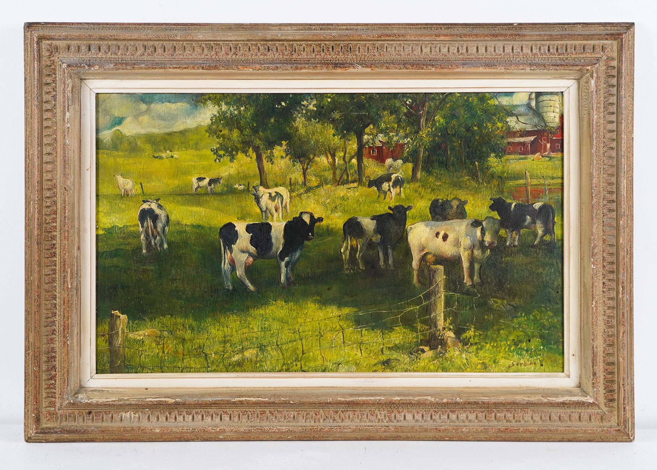 Rosario Gerbino Firmado American Cow Landscape Panoramic Summer Farm Pintura al óleo - Painting Moderno de Rosario Urbino Gerbino