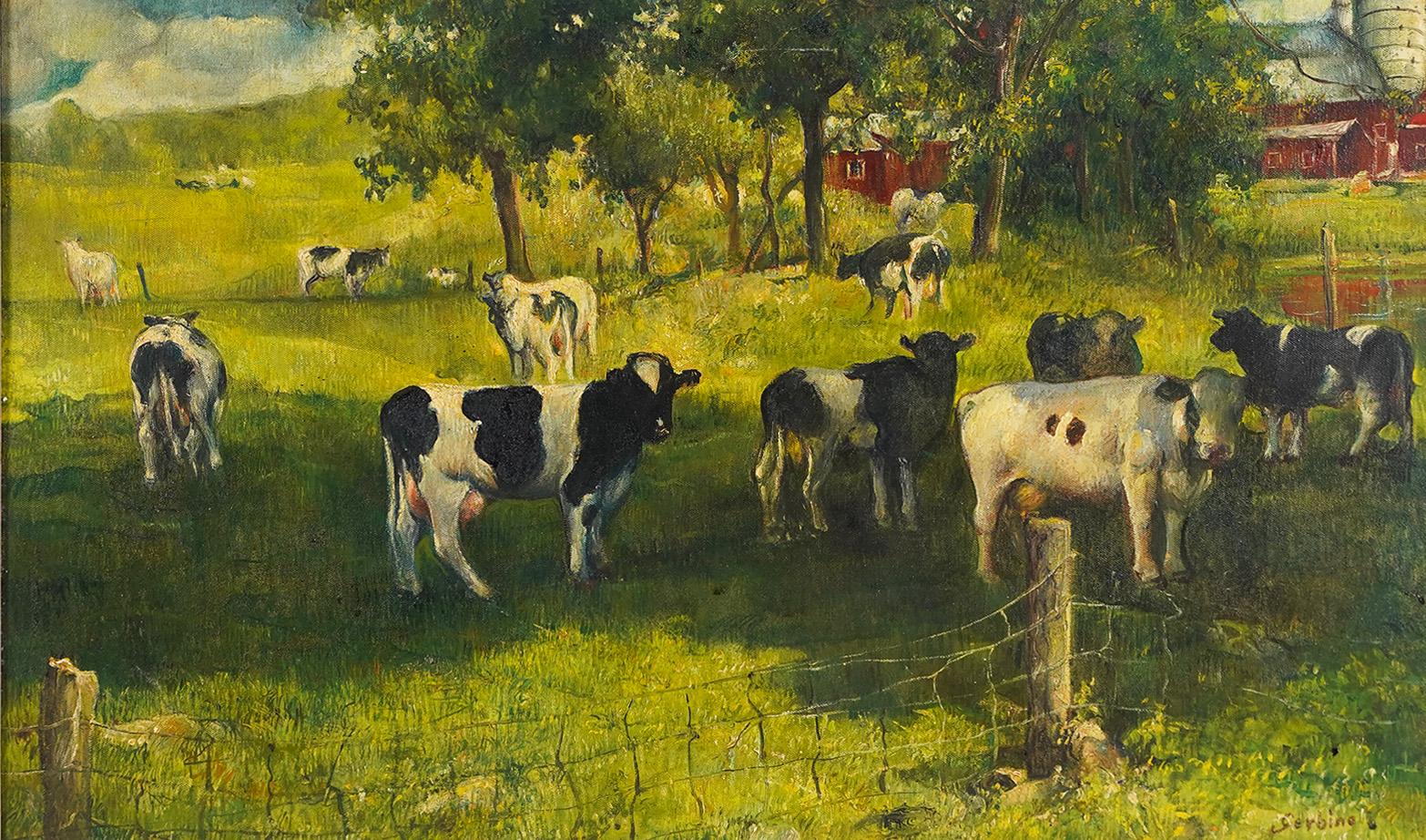 Rosario Gerbino Firmado American Cow Landscape Panoramic Summer Farm Pintura al óleo - Animal Painting Marrón de Rosario Urbino Gerbino