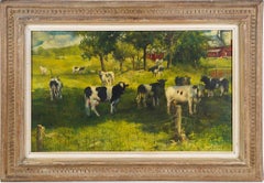 Rosario Gerbino Firmado American Cow Landscape Panoramic Summer Farm Pintura al óleo
