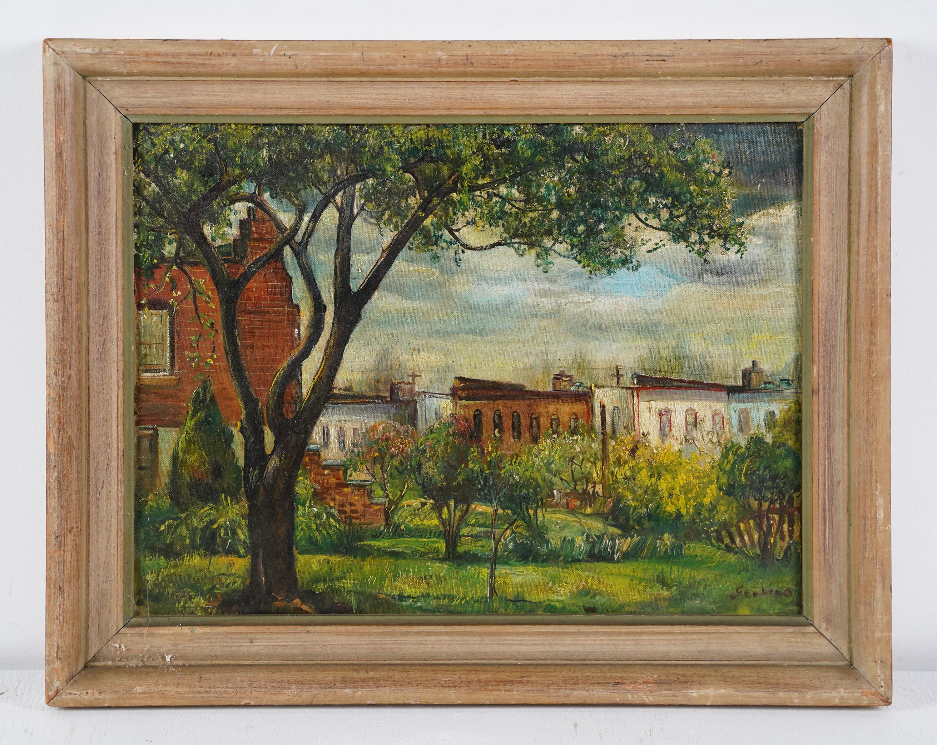 Rosario Gerbino, signiertes amerikanisches Landschaftsgemälde, Moderne Stadtlandschaft, gerahmt (Braun), Landscape Painting, von Rosario Urbino Gerbino