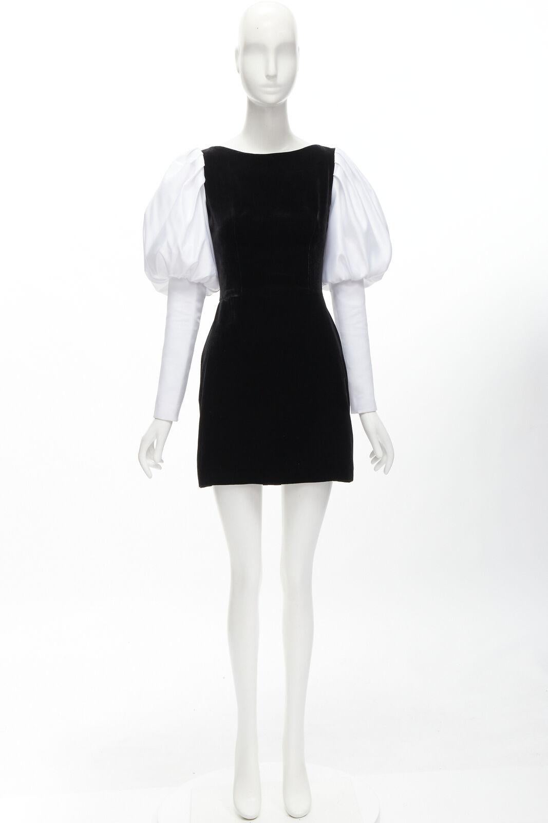 ROSARIO white georgette puff sleeves black velvet fitted mini dress FR36 S For Sale 5