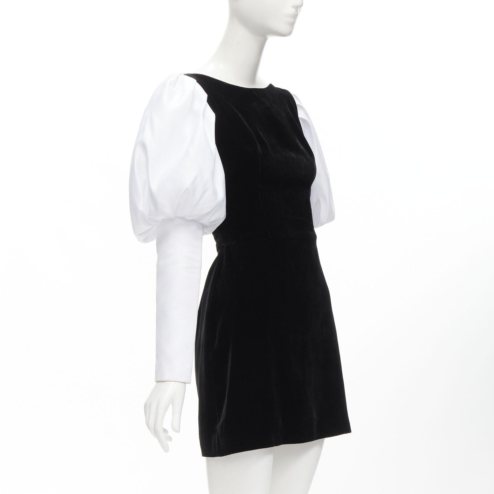 Gray ROSARIO white georgette puff sleeves black velvet fitted mini dress FR36 S For Sale