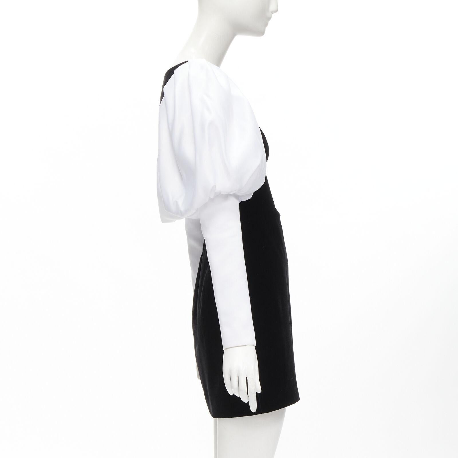 ROSARIO white georgette puff sleeves black velvet fitted mini dress FR36 S In Good Condition For Sale In Hong Kong, NT