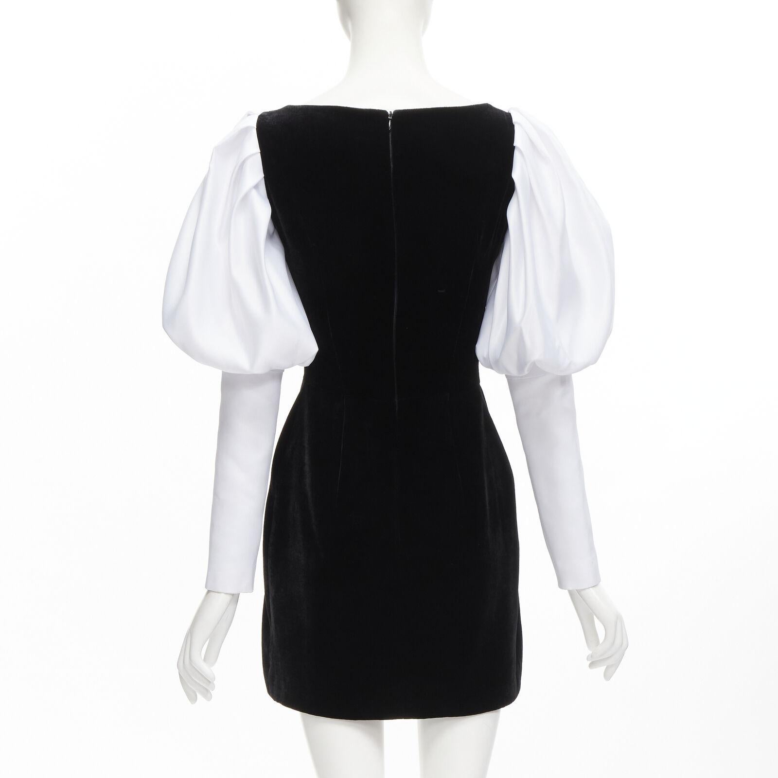 Women's ROSARIO white georgette puff sleeves black velvet fitted mini dress FR36 S For Sale