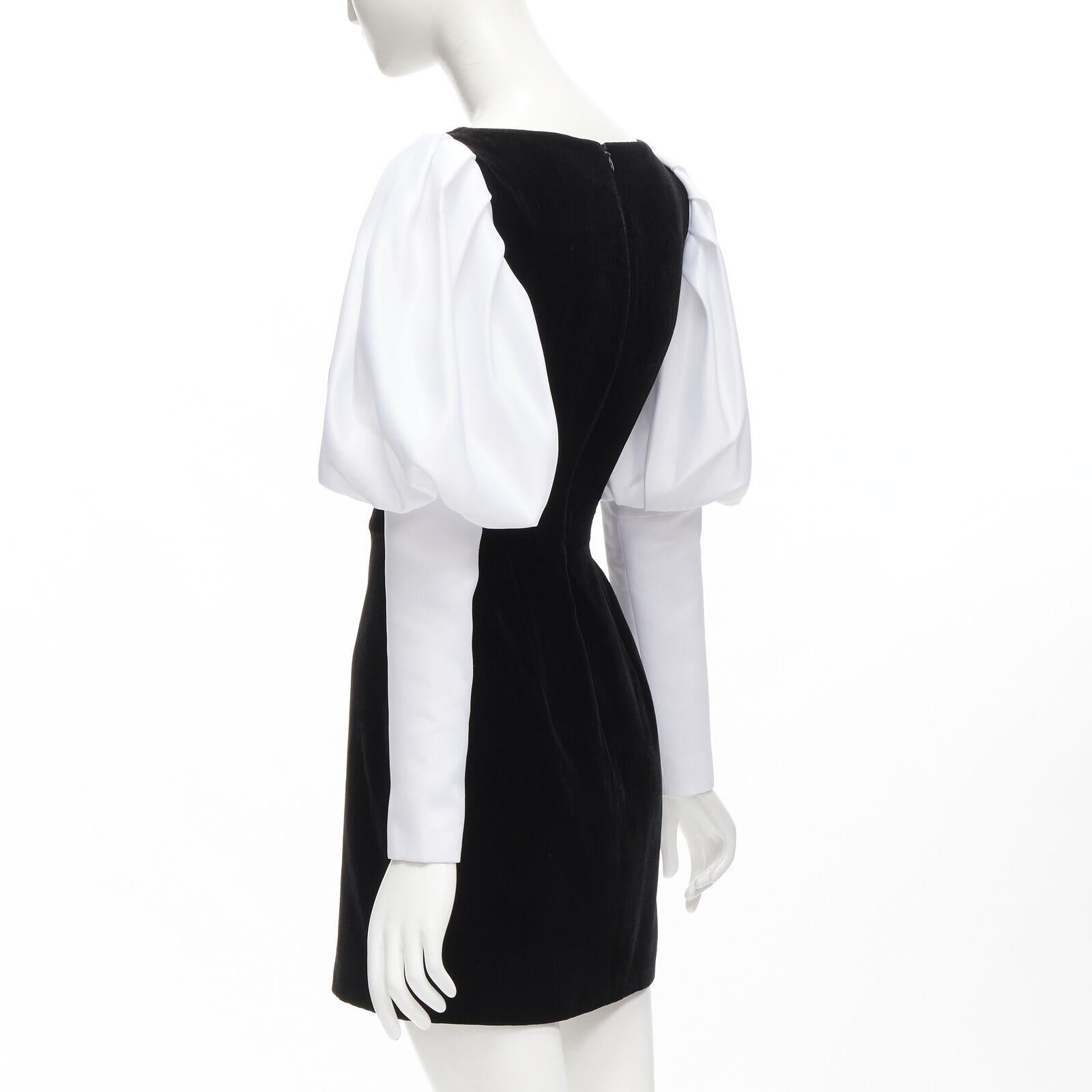 ROSARIO white georgette puff sleeves black velvet fitted mini dress FR36 S For Sale 1