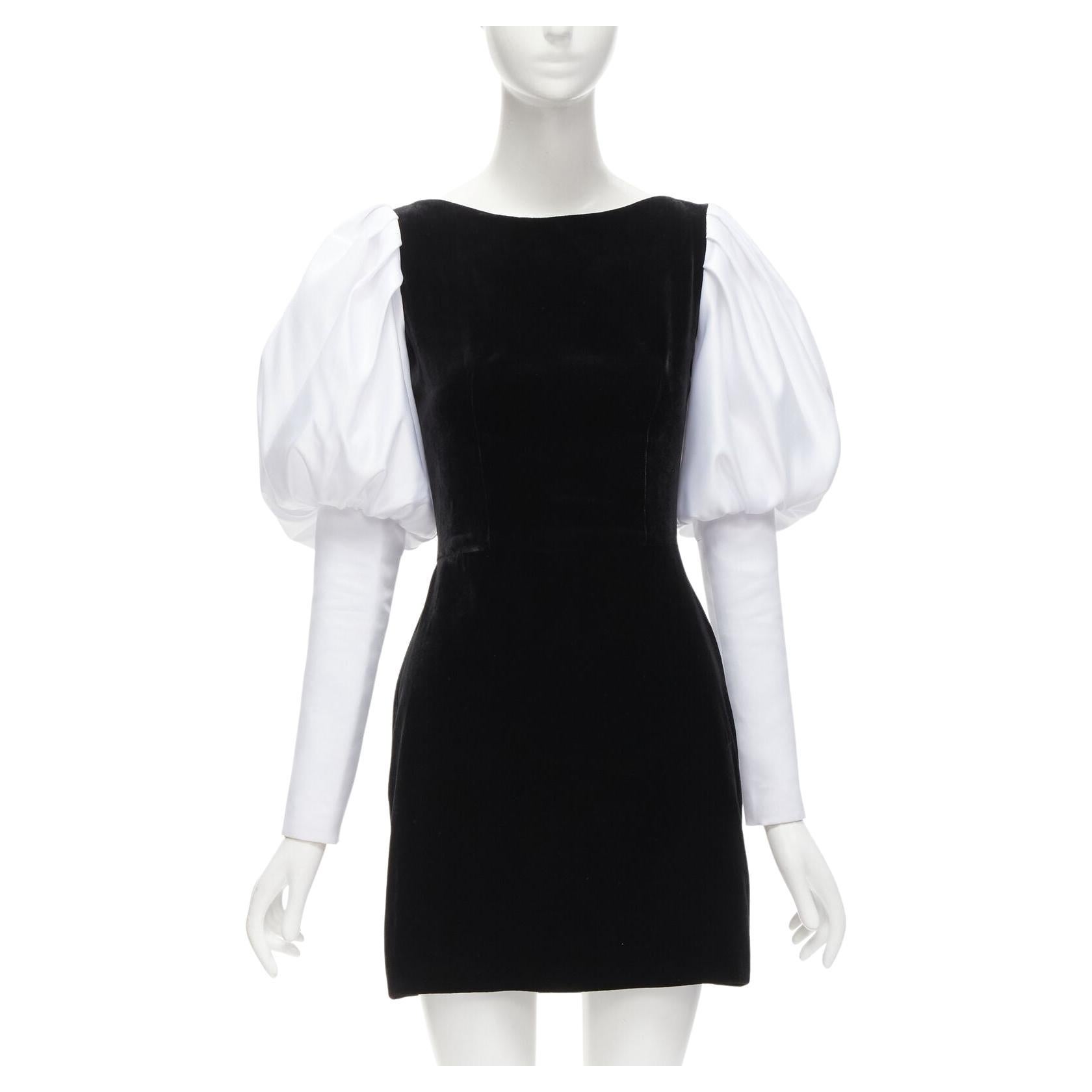 ROSARIO white georgette puff sleeves black velvet fitted mini dress FR36 S For Sale