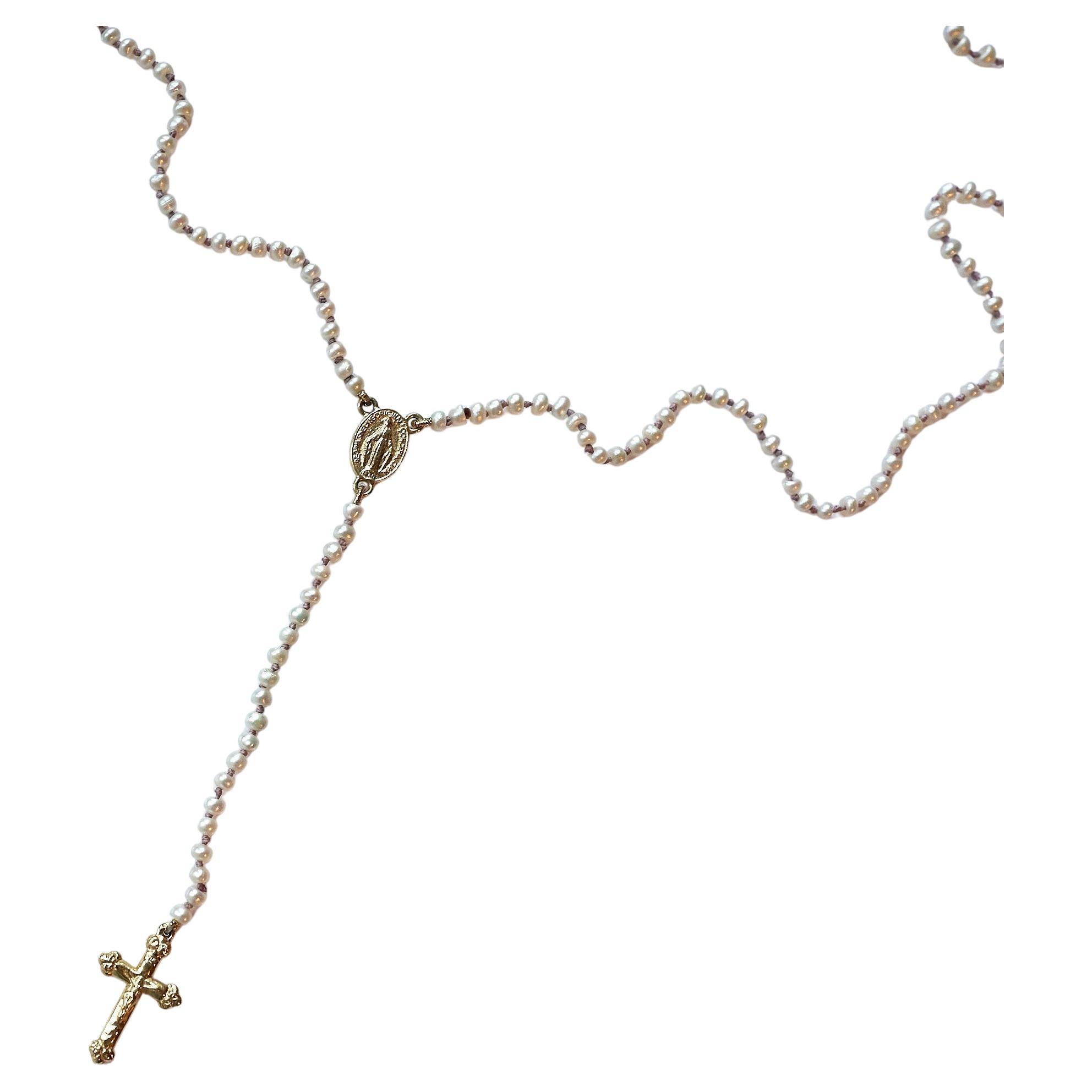 Victorian Rosario White Pearl Crucifix Cross Virgin Mary Gold Religious Necklace For Sale