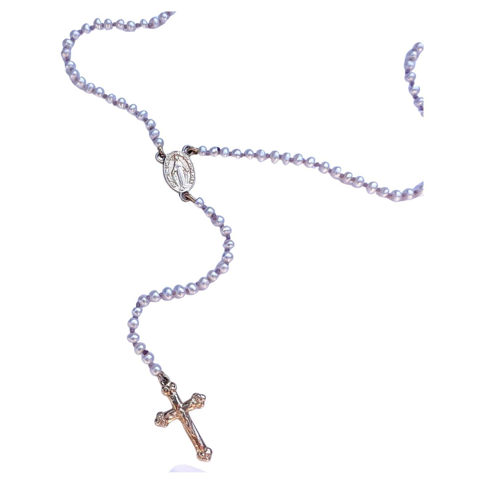 Victorian Rosario White Pearl Crucifix Cross Virgin Mary Gold Spiritual Religious Necklace For Sale
