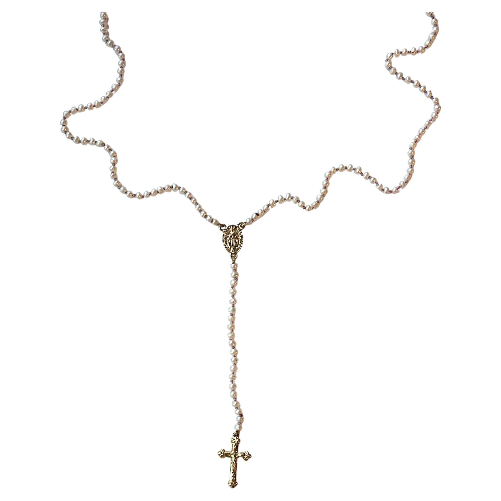 Rosario White Pearl Crucifix Cross Virgin Mary Gold Religious Necklace For Sale