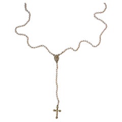 Rosario White Pearl Crucifix Cross Virgin Mary Gold Religious Necklace
