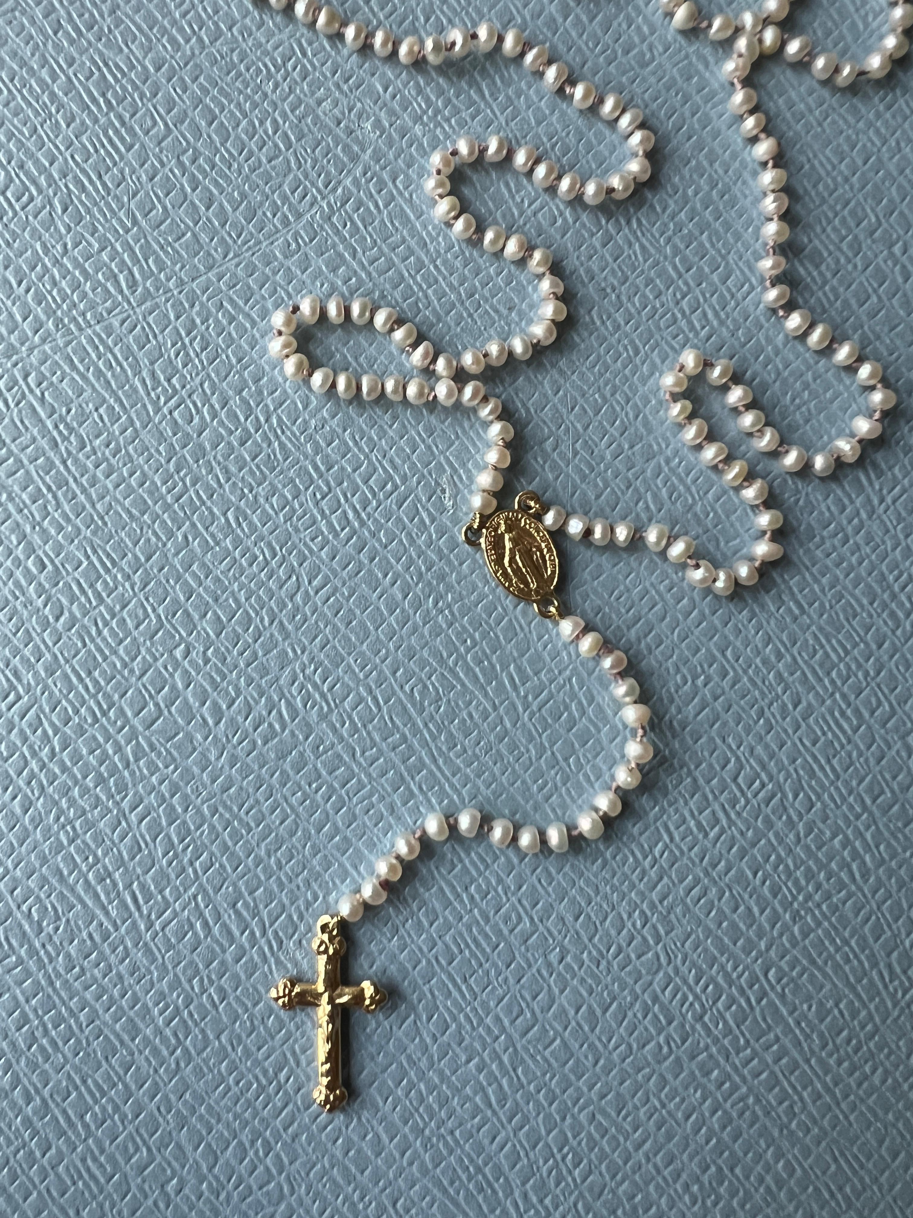 Rosario Necklace Cross Crucifix Virgin Mary Gold White Pearl Religious Spiritual For Sale 4