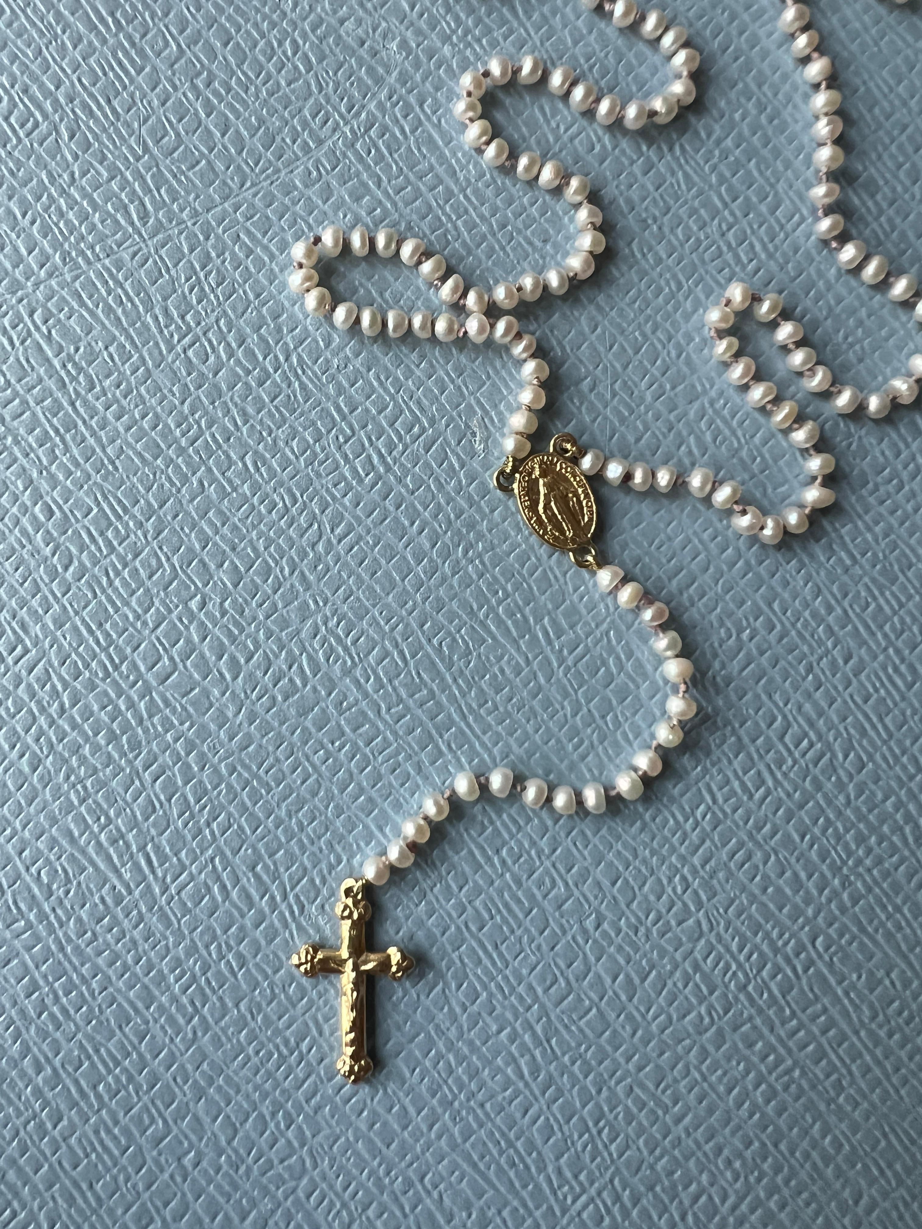Rosario Necklace Cross Crucifix Virgin Mary Gold White Pearl Religious Spiritual For Sale 5