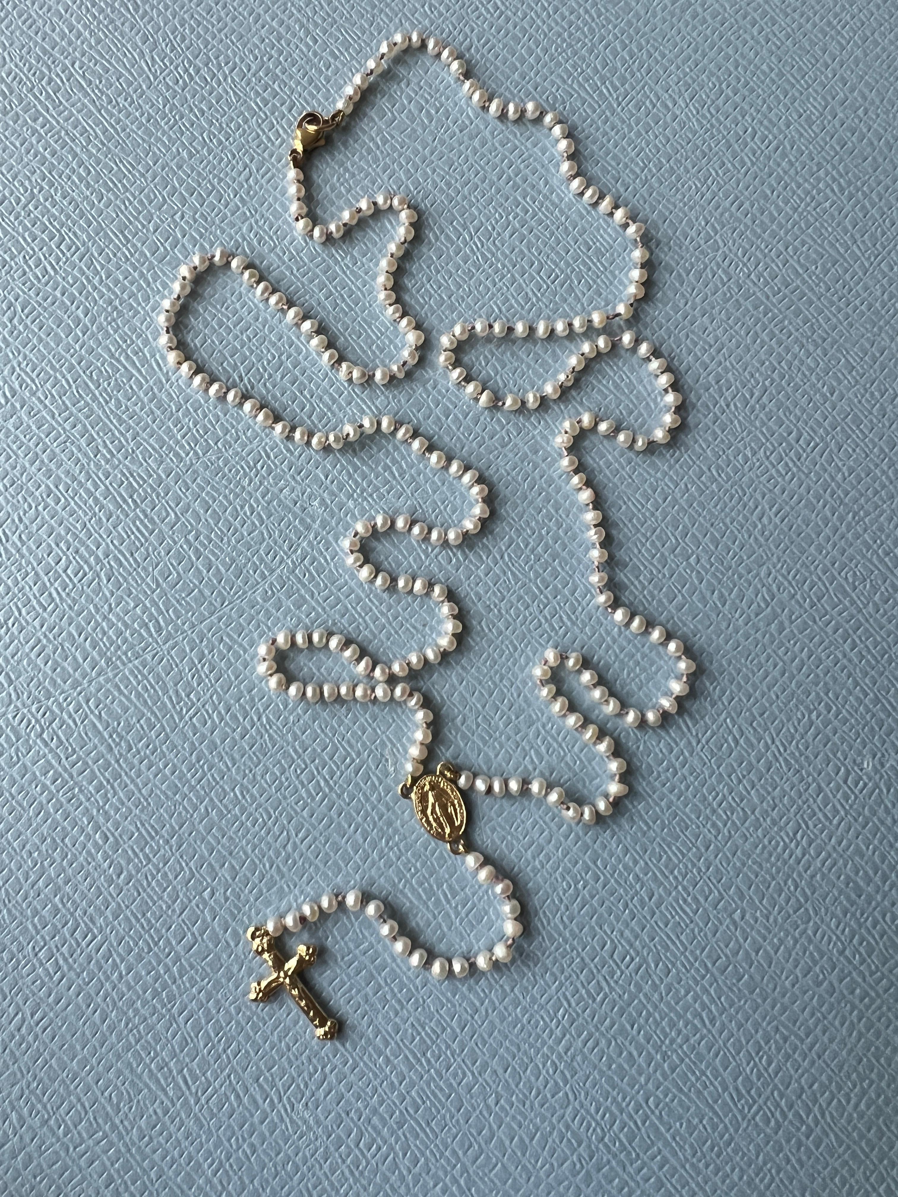 Rosario Necklace Cross Crucifix Virgin Mary Gold White Pearl Religious Spiritual For Sale 6