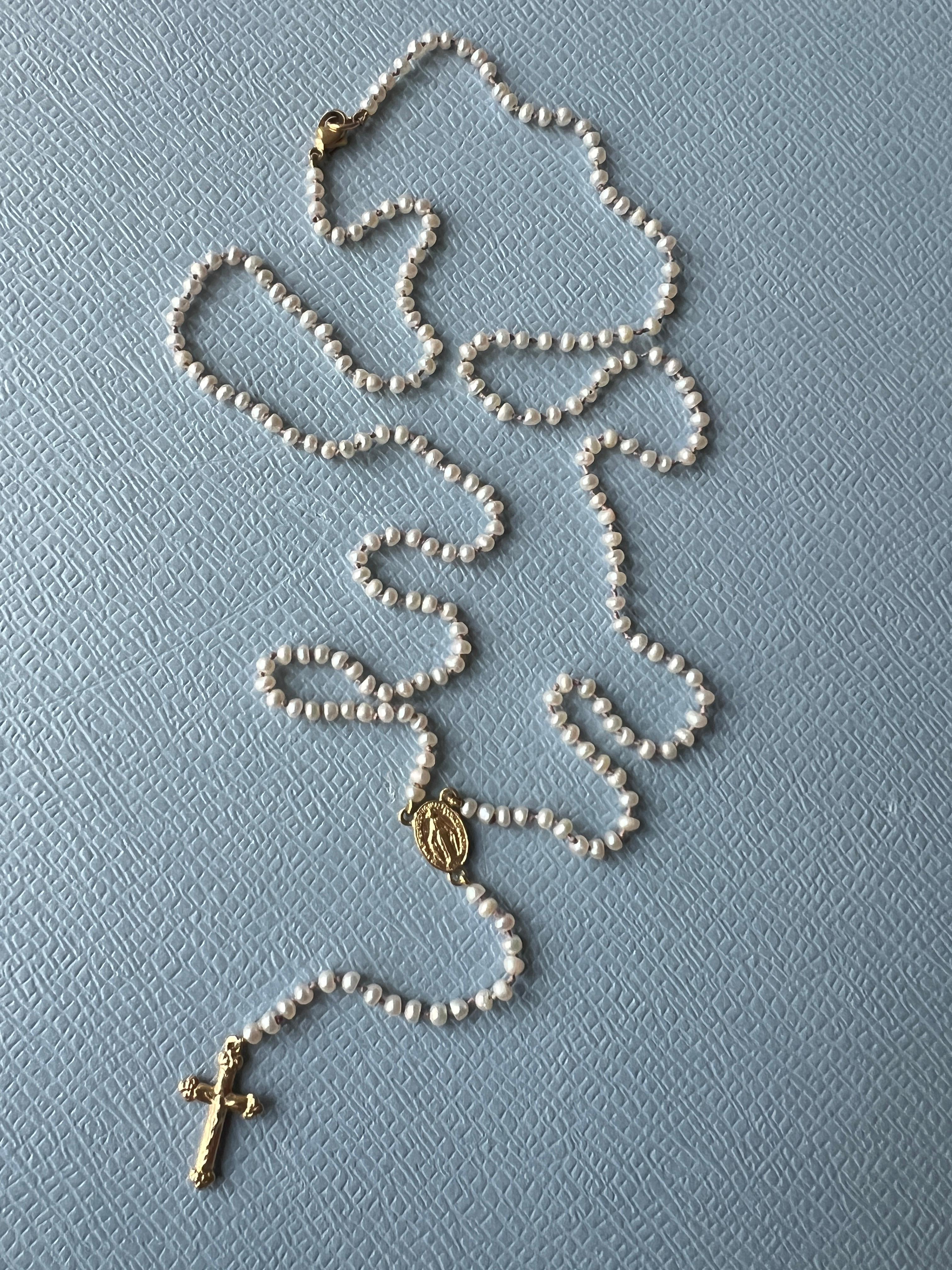 Rosario Necklace Cross Crucifix Virgin Mary Gold White Pearl Religious Spiritual For Sale 7