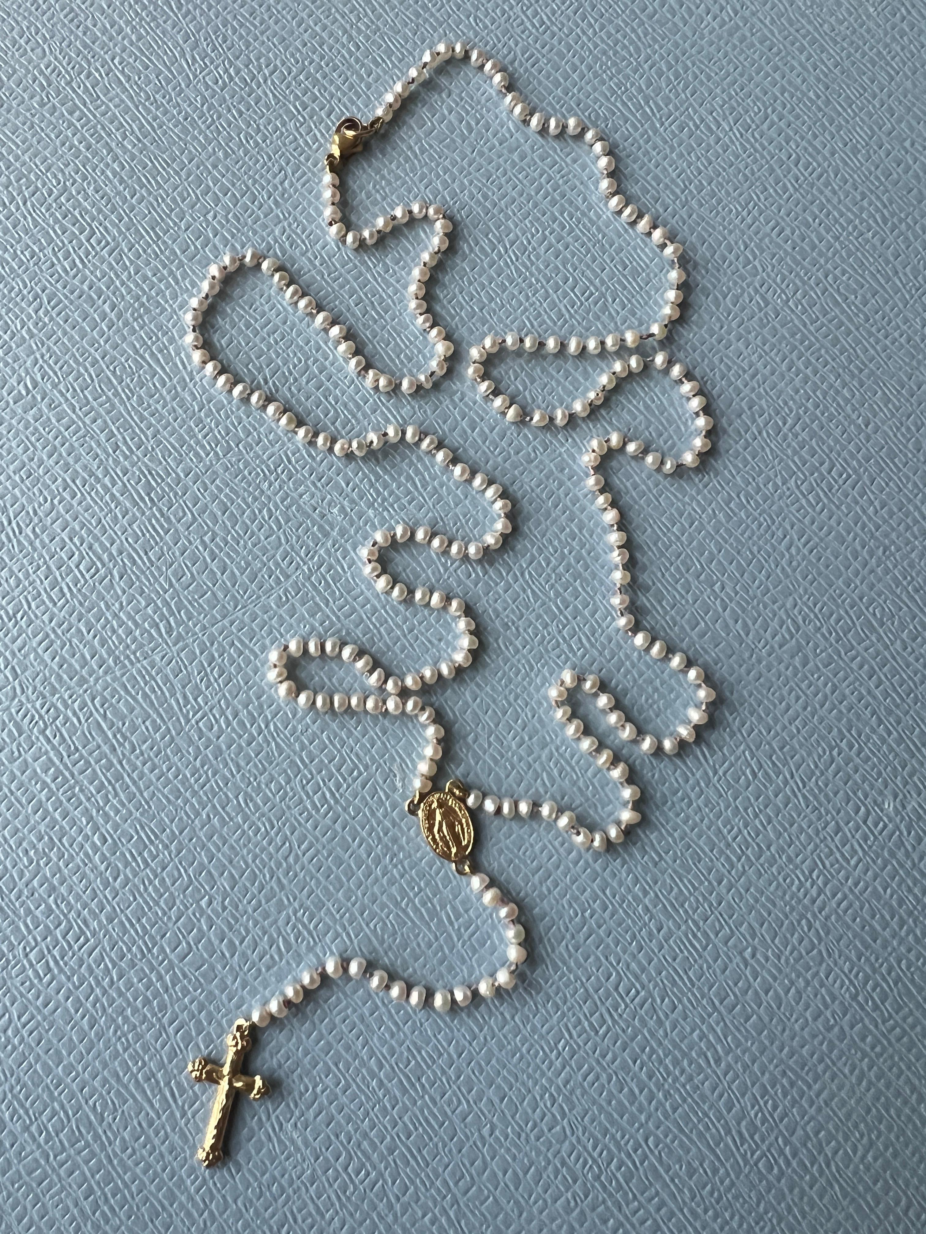 Rosario Necklace Cross Crucifix Virgin Mary Gold White Pearl Religious Spiritual For Sale 8