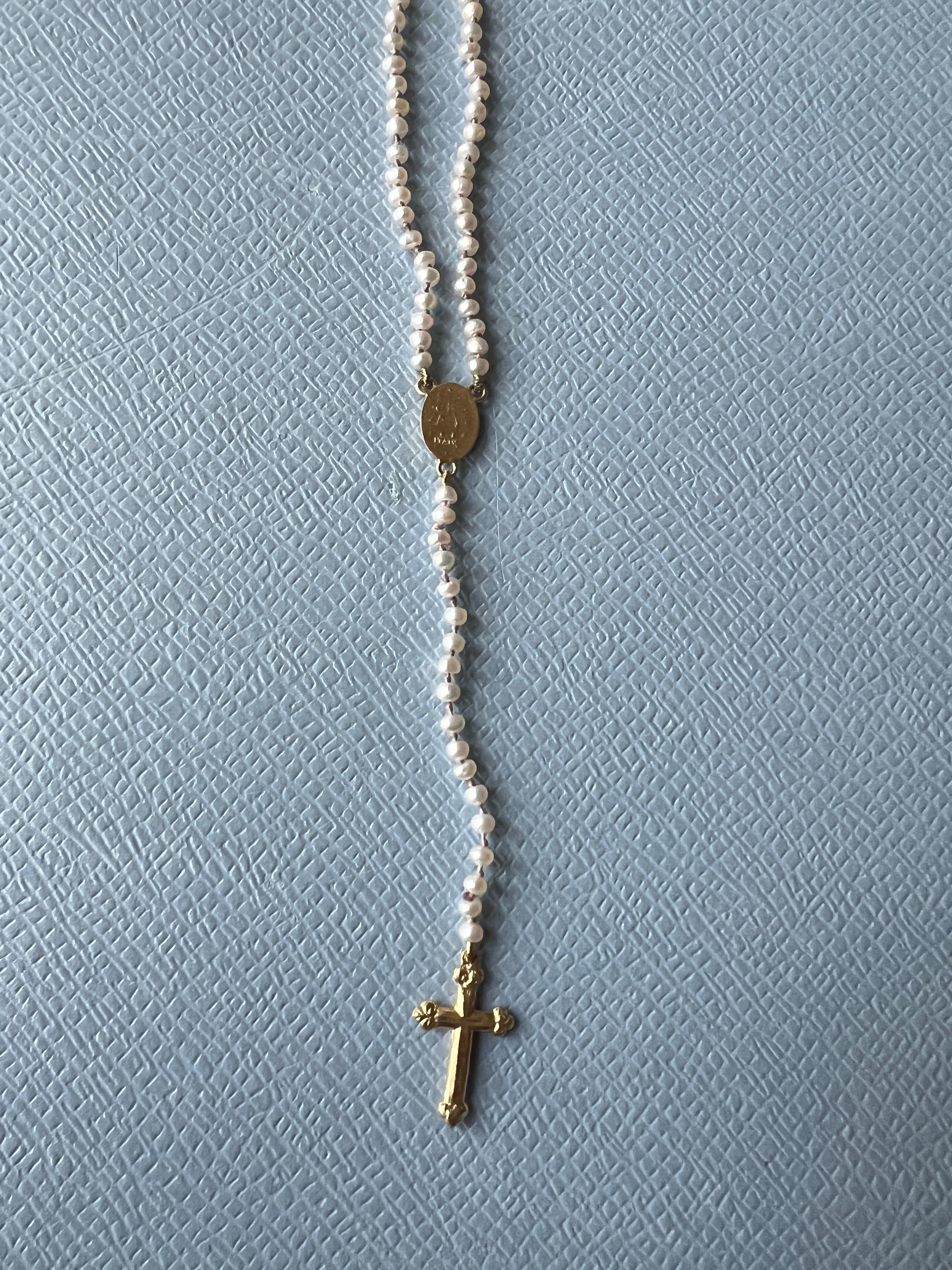 Victorian Rosario Necklace Cross Crucifix Virgin Mary Gold White Pearl Religious Spiritual For Sale