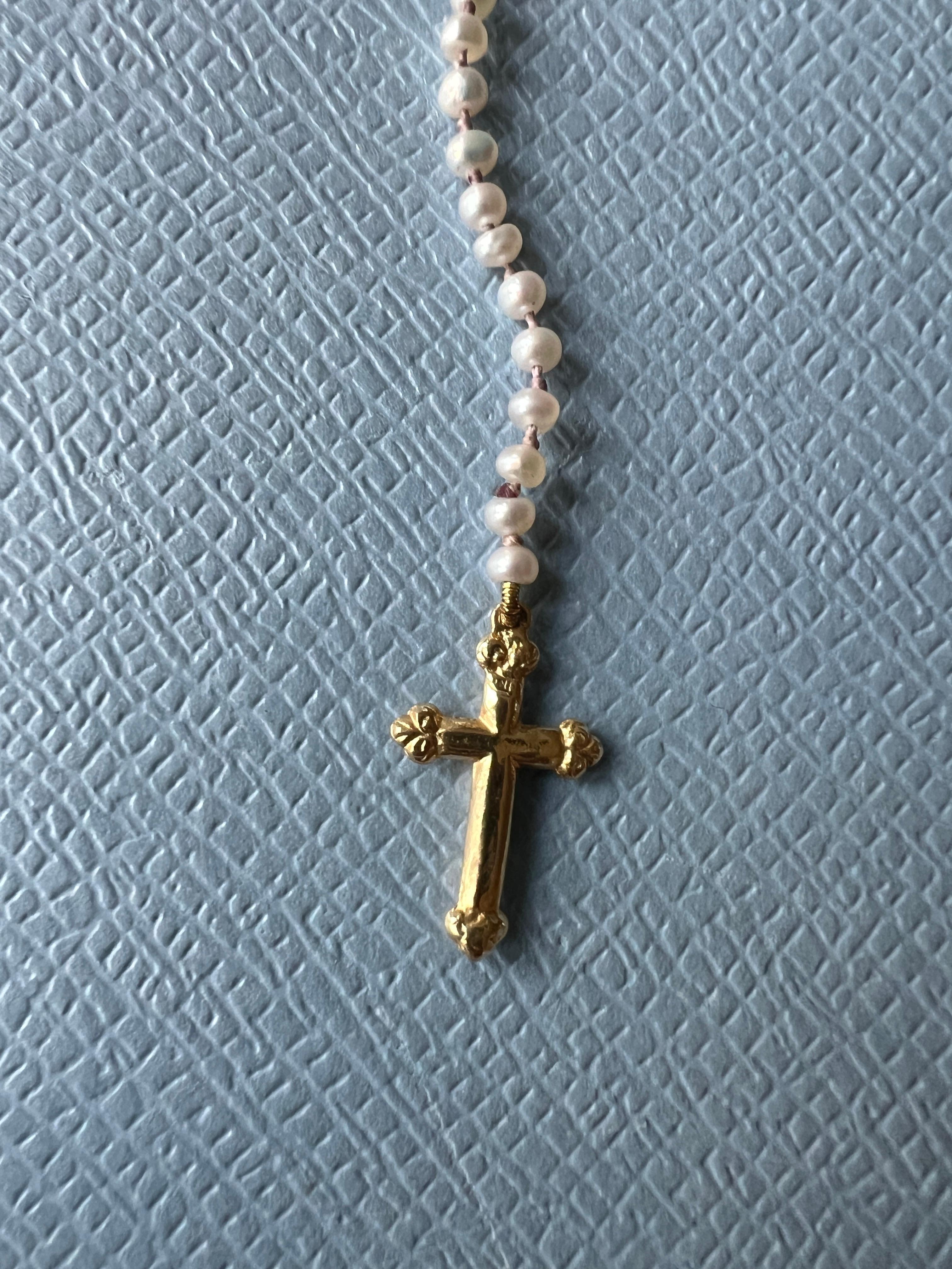 Bead Rosario Necklace Cross Crucifix Virgin Mary Gold White Pearl Religious Spiritual For Sale