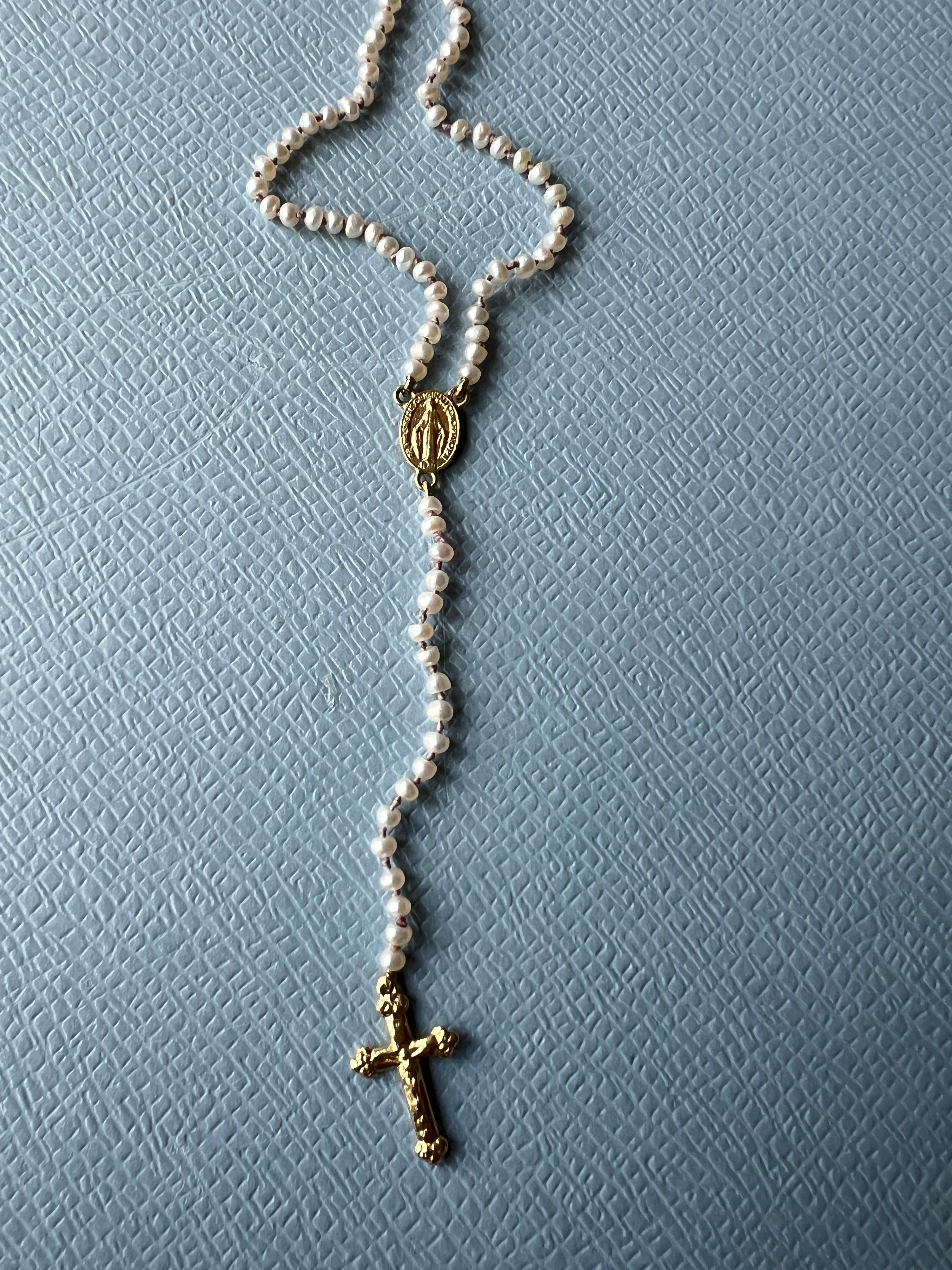 Rosario Necklace Cross Crucifix Virgin Mary Gold White Pearl Religious Spiritual For Sale 2