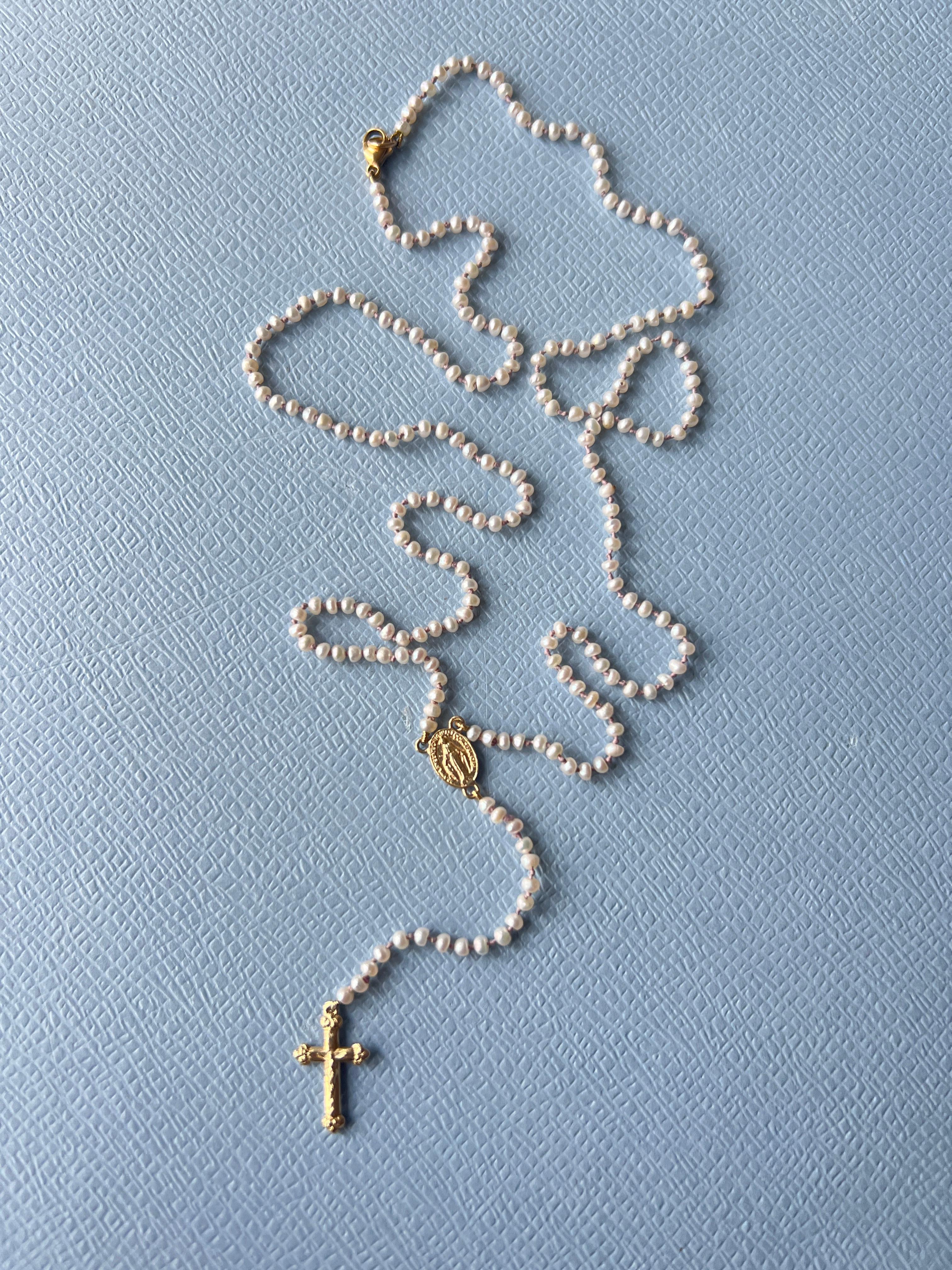 Rosario Necklace Cross Crucifix Virgin Mary Gold White Pearl Religious Spiritual For Sale 3
