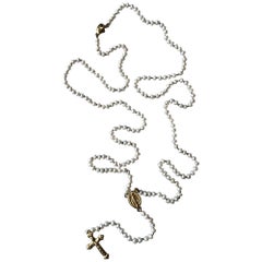 Rosario Collar Perla Blanca Cruz Crucifijo Virgen María Oro 14 Kilates
