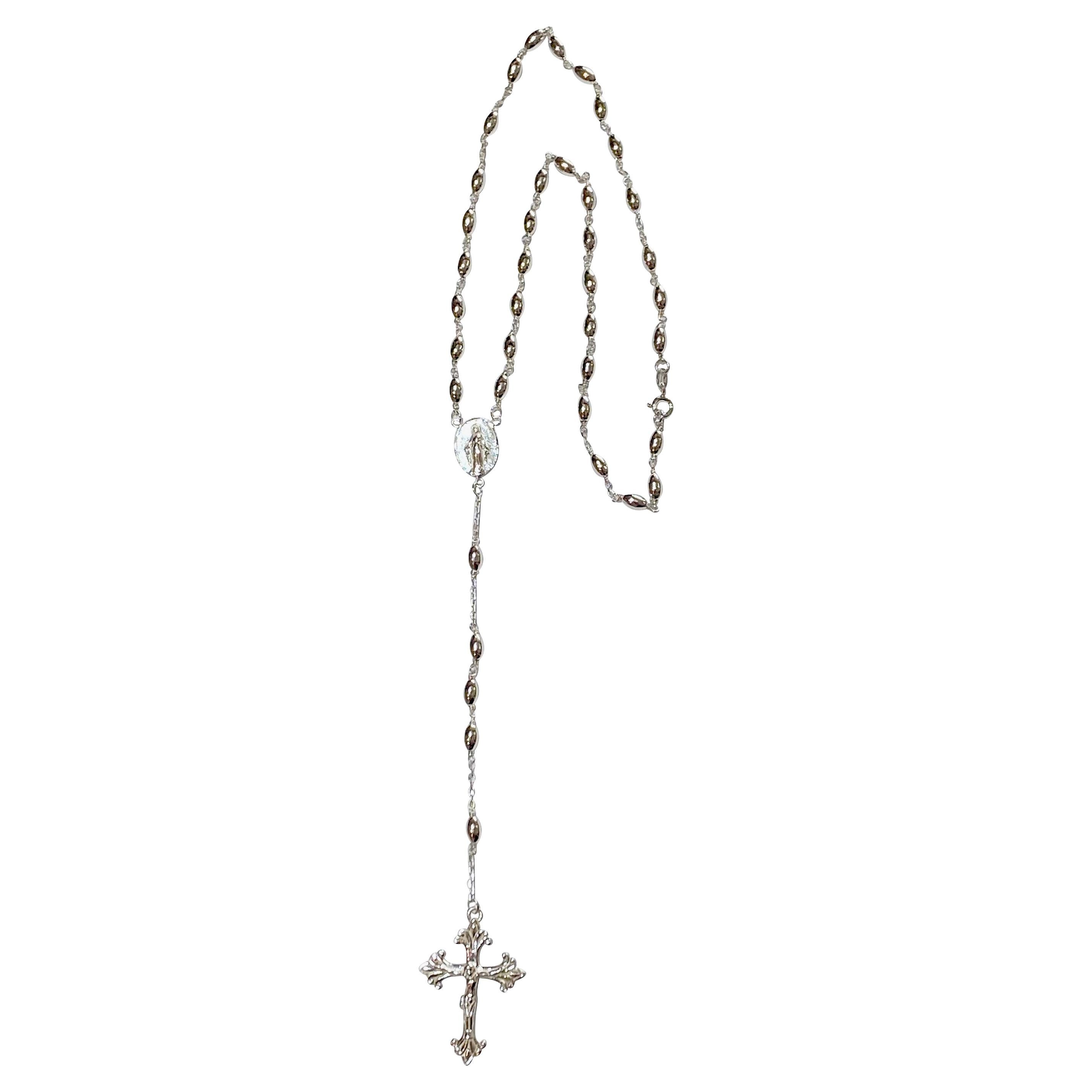 Rosary Bead Necklace w Cross Handmade in Sterling Silver and Long For Sale