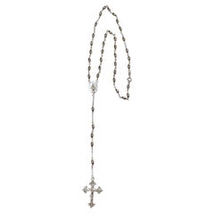 Antique Rosary Bead Necklace w Cross Handmade in Sterling Silver and Long