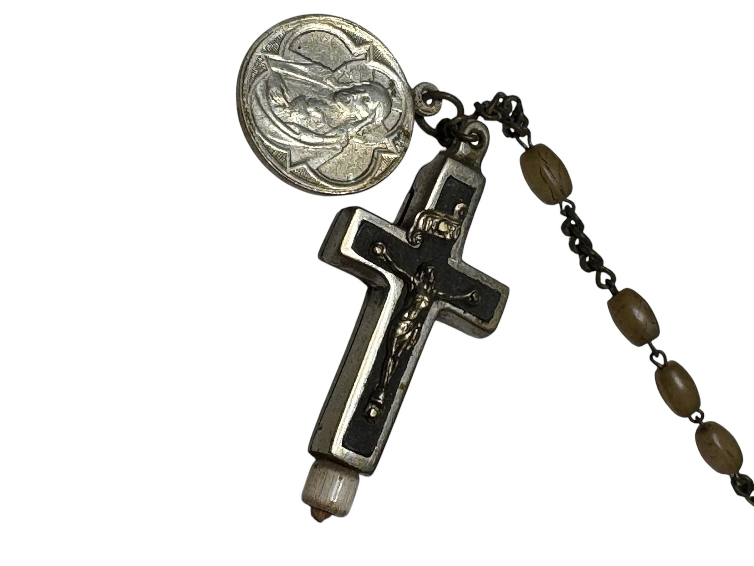 Metal Rosary Catholic Reliquary Box Crucifix Pendant with Relic of a Saint For Sale
