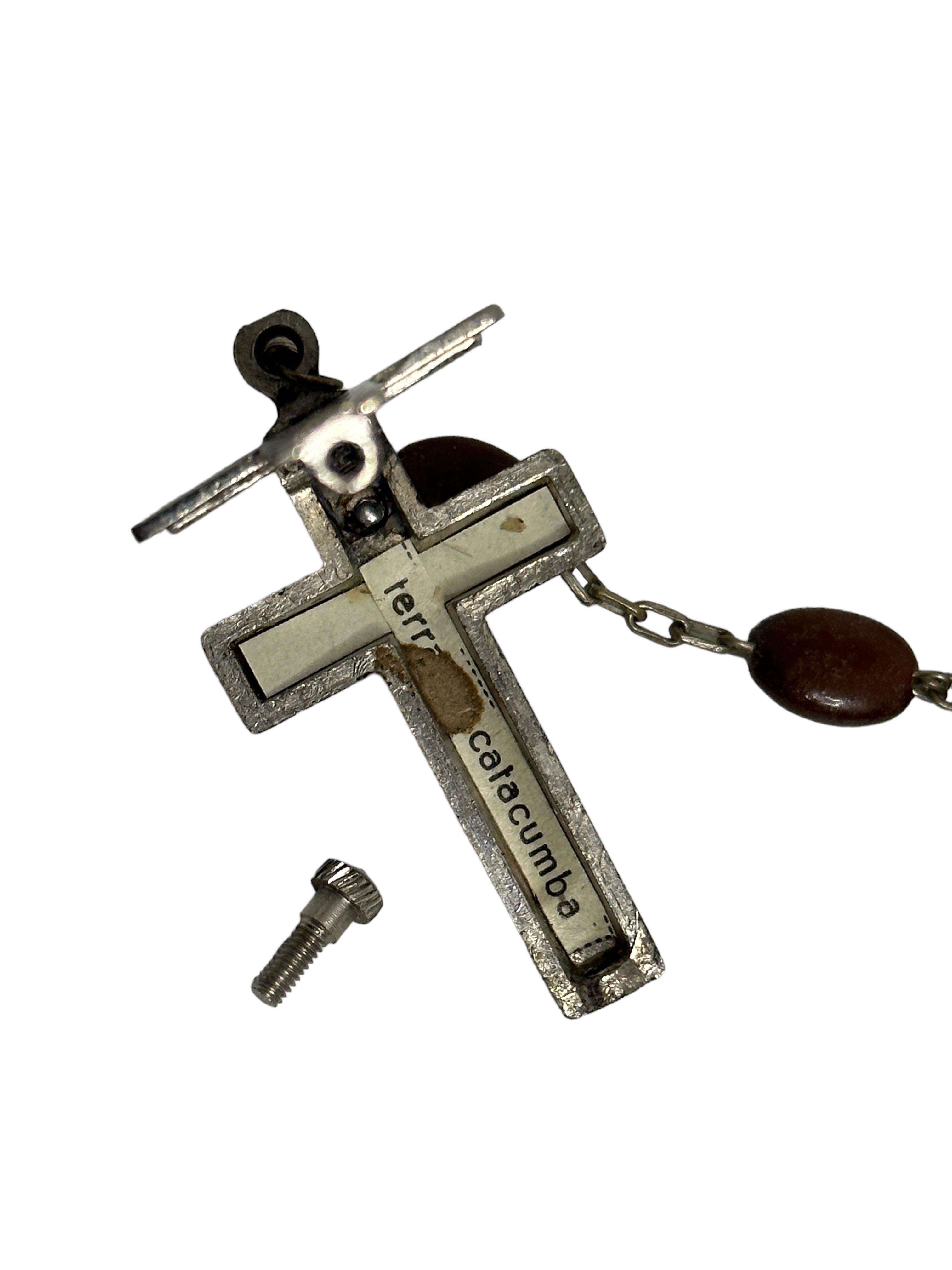 Metal Rosary Catholic Reliquary Box Crucifix Pendant with Relics of Catacombs of Rome For Sale