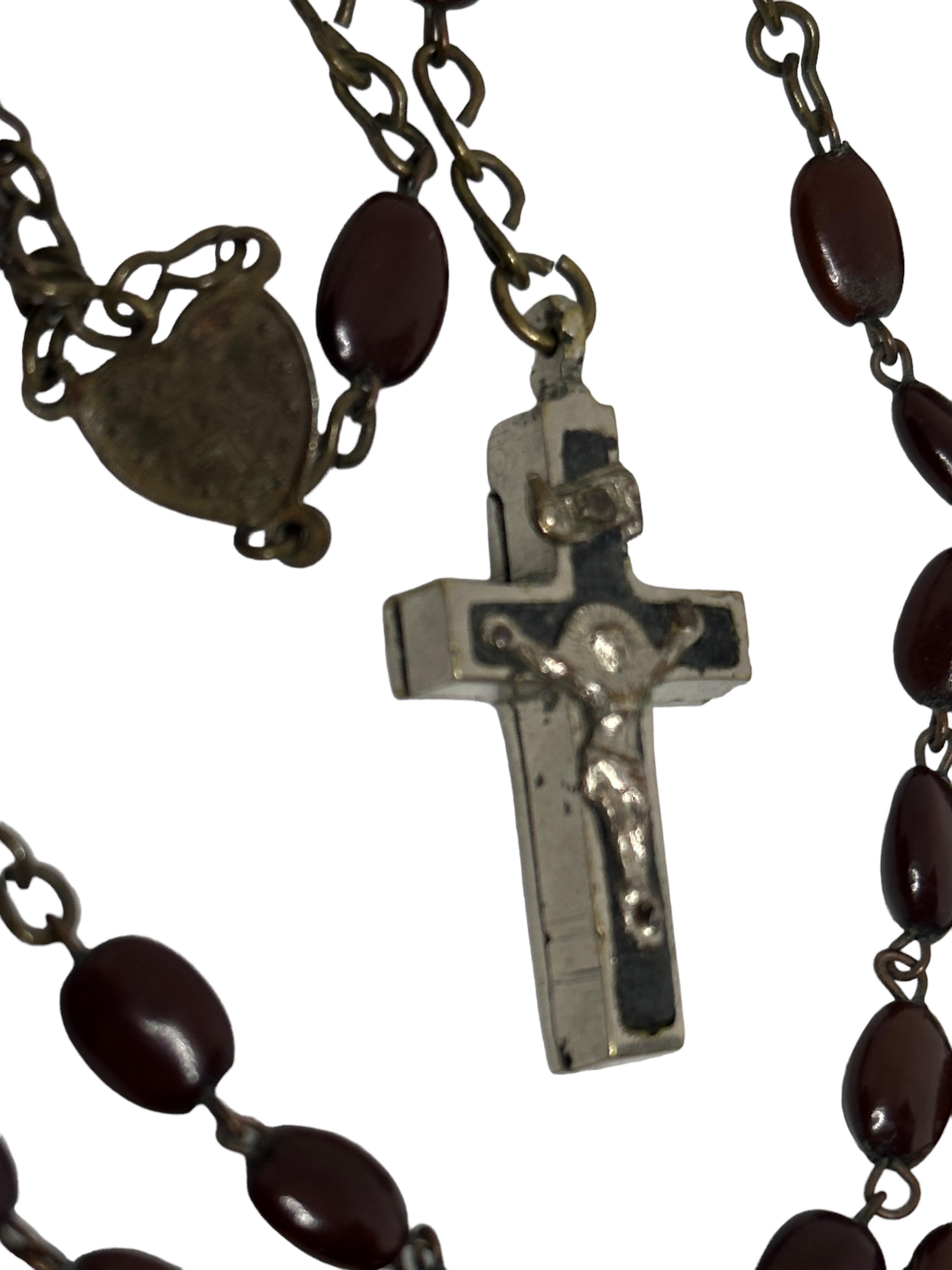 Metal Rosary Catholic Reliquary Box Crucifix Pendant with Relics of Saints, 1930s For Sale
