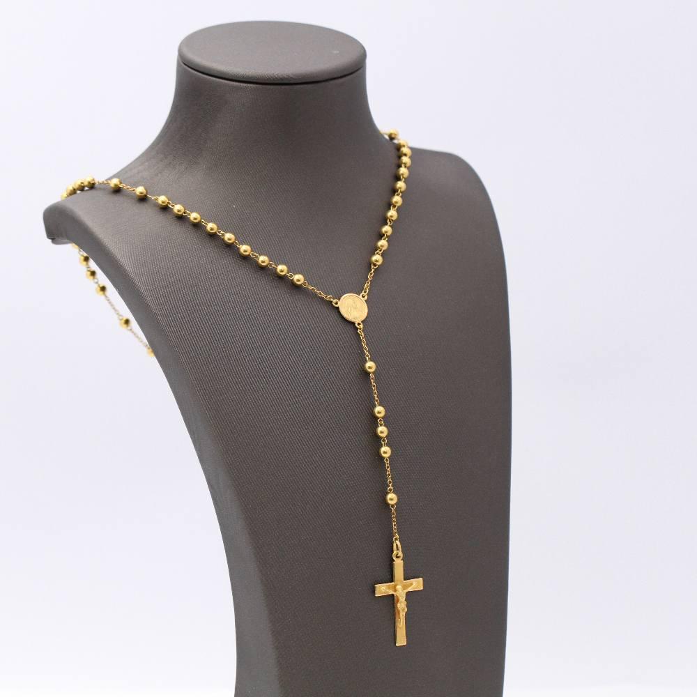 Unisex Yellow Gold Rosary  11 grams  Semi hollow  37,5 cm long  4,5mm gold beads  No clasp  Cross size: 40 mm long (ring included) and 20 mm wide  18kt Yellow Gold  This Rosary is in excellent condition, without any visible wear and tear 