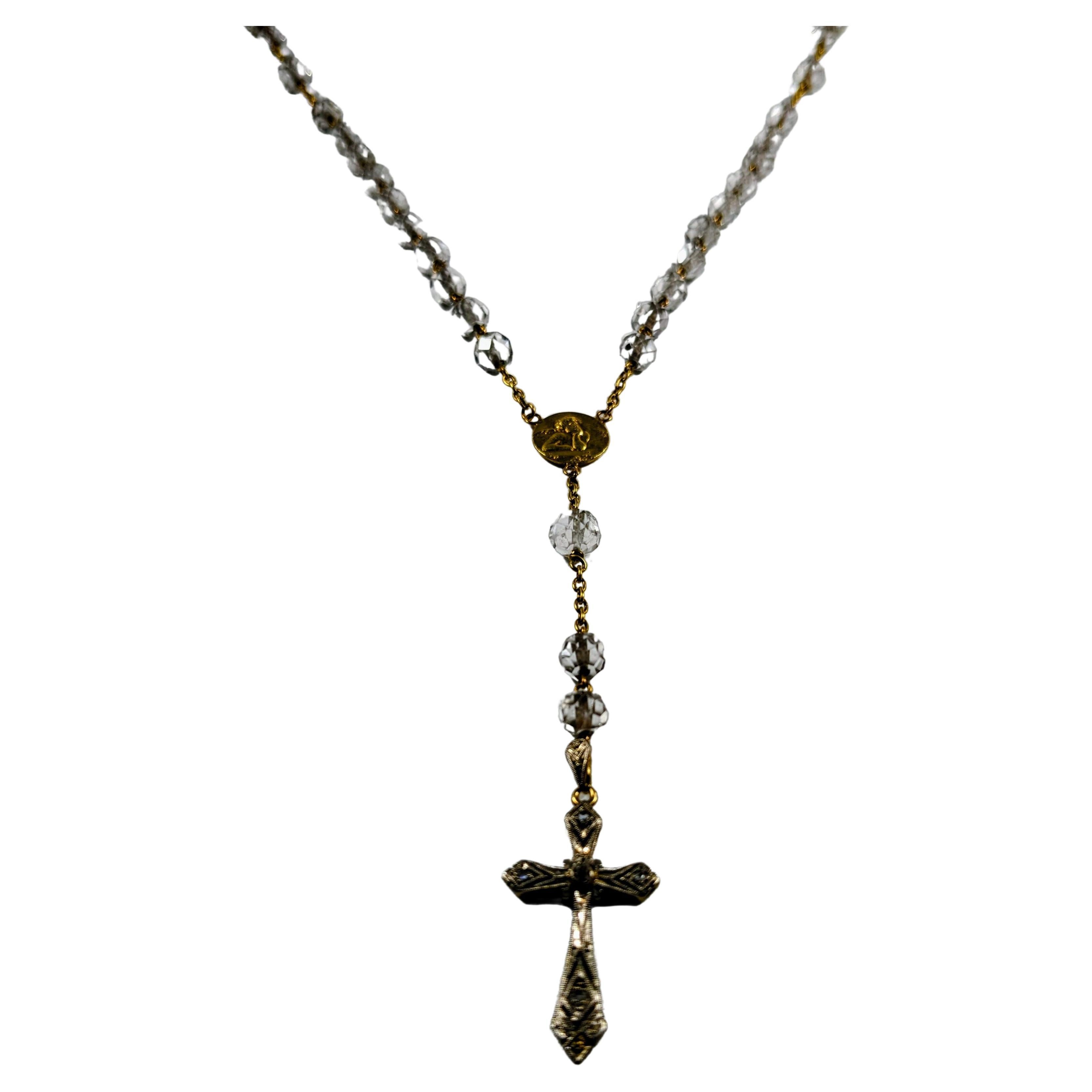 Rosary in Yellow Gold with Faceted Crystal  and Cross in white gold and diamonds For Sale