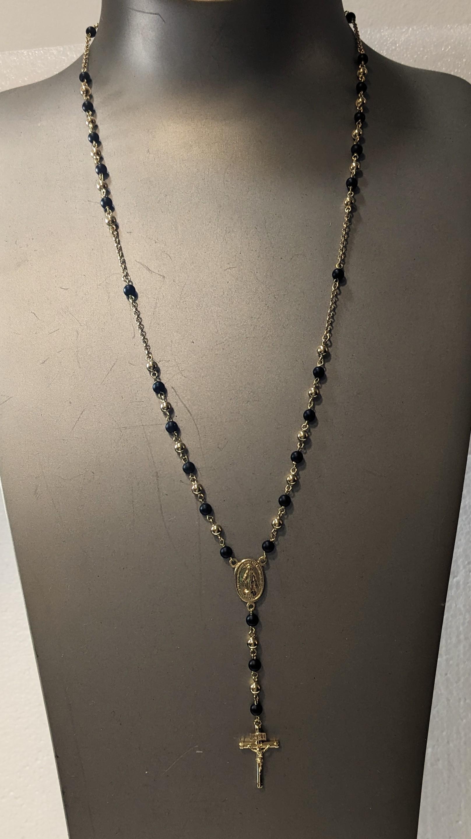 Women's or Men's Rosary Necklace in 18k Gold and Onyx For Sale