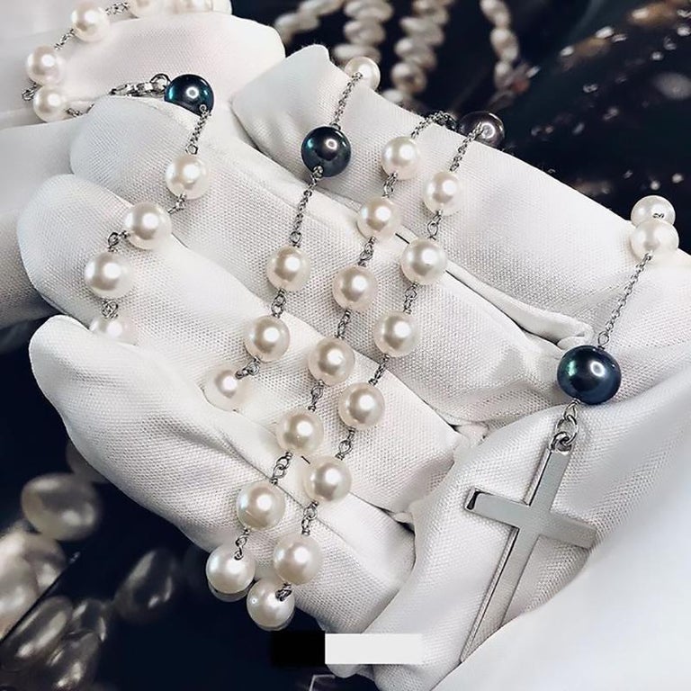 Rosary Necklace with Natural Akoya Pearls and Natural Black Pearls ...