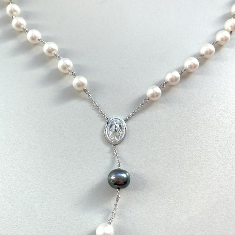 Rosary Necklace with Natural Akoya Pearls and Natural Black Pearls ...
